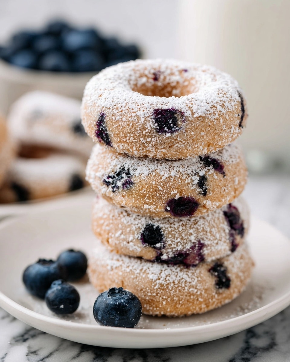 The image shows several round donuts with a light beige glaze that has a shiny, smooth texture. The donuts have small dark purple spots inside the dough, suggesting blueberries mixed in, and the glaze covers the entire top surface. They are placed closely together on a metal cooling rack with a wire grid. The background is a white marbled surface. Photo taken with an iphone --ar 4:5 --v 7