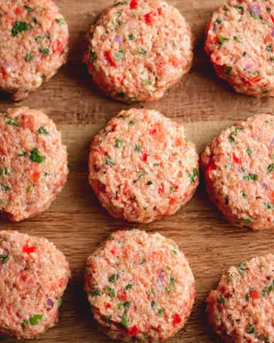 The image shows nine round patties arranged in three rows on a wooden surface. Each patty is light pink with small pieces of red, green, and white mixed in, giving a textured look. The patties have a rough, slightly uneven surface, indicating a mixture of ingredients. The wooden backdrop contrasts with the patties, making their colors stand out clearly. photo taken with an iphone --ar 4:5 --v 7