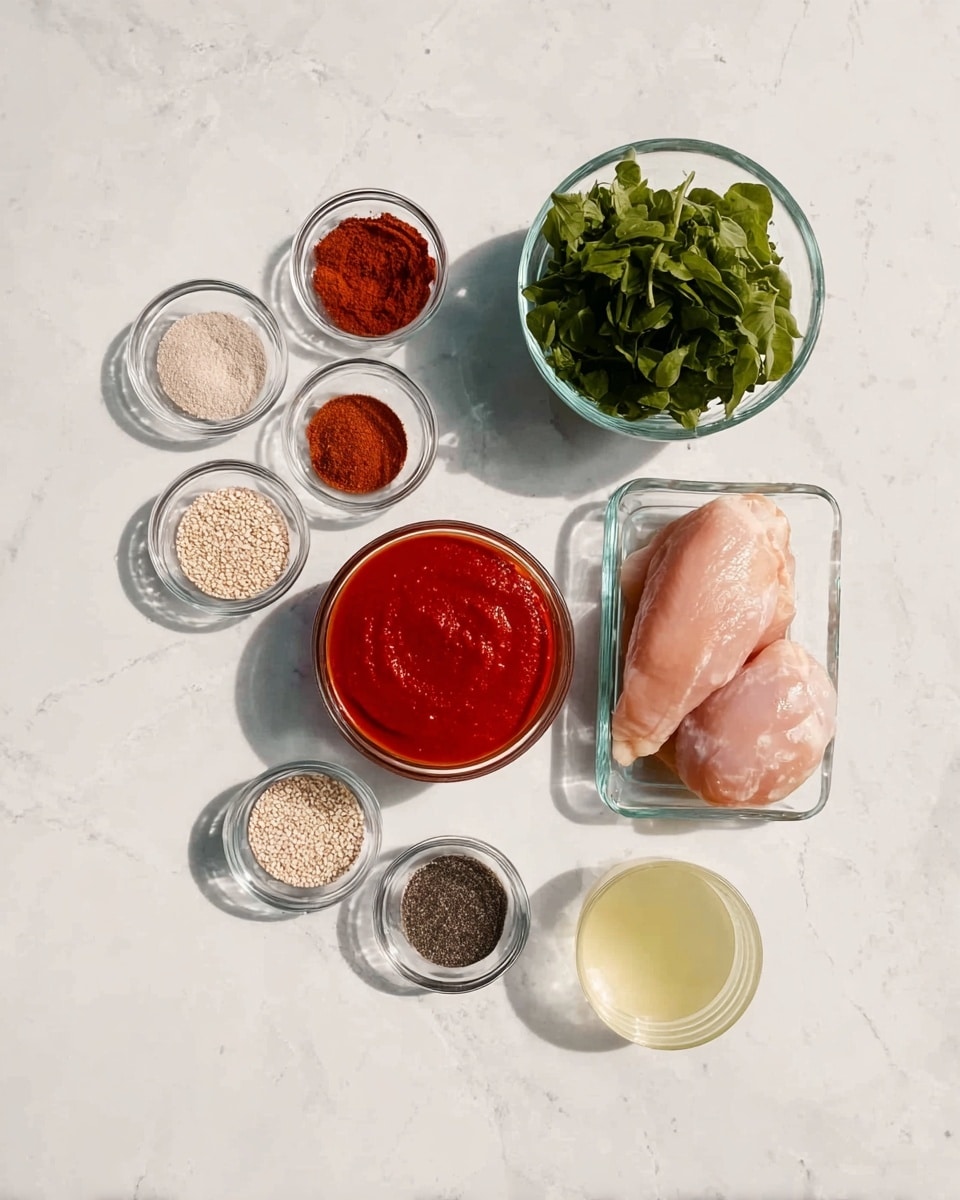 The image shows several small clear glass bowls arranged on a white marbled surface. In the center is a bowl with a bright red sauce with a smooth texture. To its upper right is a bowl filled with fresh green leafy herbs. To the lower right is a rectangular glass container holding two pieces of light pink raw chicken. To the upper left are three small round bowls with dry powders in shades of brown and reddish-brown. Below those is a bowl with pale seeds or grains, and below that is a bowl containing a dark powder. To the right of the chicken container is a small bowl filled with a pale yellow liquid. The arrangement is neat and the lighting is soft and natural. Photo taken with an iphone --ar 4:5 --v 7