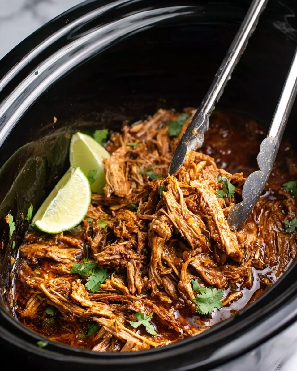 The image shows shredded meat with a rich brown color and moist texture inside a black slow cooker. Shreds of meat look tender and well-spiced, with some fresh green cilantro leaves scattered on top. A wedge of light green lime rests near the side, adding a fresh touch. Shiny silver tongs are lifting a portion of the meat, showing the stringy layers clearly, while the black cooker contrasts nicely with the food. The background surface is a white marbled texture. Photo taken with an iphone --ar 4:5 --v 7