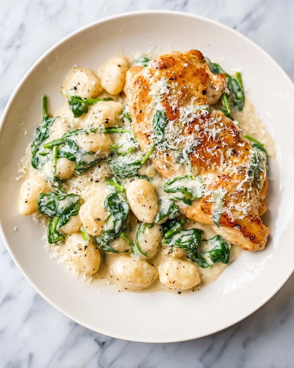 The dish shows a white plate with a golden brown cooked chicken piece topped with creamy white sauce mixed with bright green spinach leaves, placed on the left side. On the right side, there is a creamy gnocchi dish covered in the same white sauce with visible spinach leaves and black pepper bits, sprinkled with grated white cheese over the top of both the chicken and gnocchi. The plate is set on a white marbled surface. photo taken with an iphone --ar 4:5 --v 7
