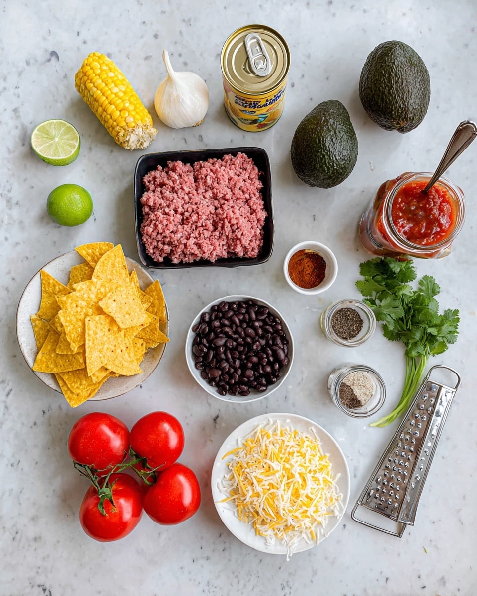 The image shows an arrangement of ingredients on a white marbled surface. There is a black tray of pink ground meat near a halved lime with bright green inside. An open can of yellow corn is nearby, while a bunch of five red tomatoes with green stems sits close to two halves of a white onion. A dark green avocado, a small bunch of green cilantro, and a small white bowl filled with black beans are spread across the space. Two groups of yellow tortilla chips are placed on each side. A white plate holds shredded white and yellow cheese with a metal grater resting on top. A jar of red salsa with a spoon, a small jar and bowl with ground spices, and a small bowl with black pepper complete the set up. All items are spaced neatly, creating a clean and colorful meal preparation scene photo taken with an iphone --ar 4:5 --v 7