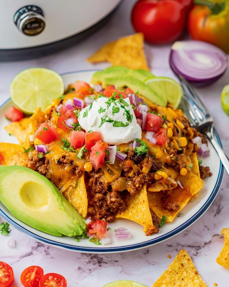 A white plate with a blue rim holds a layered dish starting with yellow tortilla chips at the bottom, topped with brown cooked ground meat mixed with yellow corn and melted orange cheese. Scattered on top are bright red diced tomatoes and bits of purple onion. A dollop of white sour cream sits near the center, garnished with green herbs. On one side, a fresh green lime wedge leans against the chips, and next to it are thin slices of green avocado. The plate is set on a white marbled surface with some loose tortilla chips and colorful vegetables nearby, including a sliced lime, a halved purple onion, and red tomatoes. A fork rests on the plate, angled away. Photo taken with an iphone --ar 4:5 --v 7