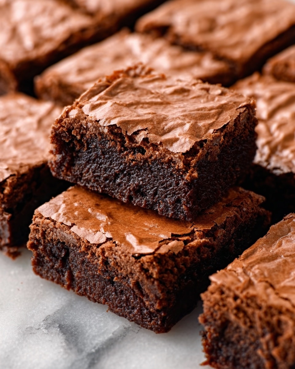 The image shows a group of chocolate brownies arranged closely on a white marbled surface. Each brownie has a shiny, cracked top layer that is a light brown color with a slightly rough texture. One brownie is slightly lifted above the others, showing a thick, darker brown middle layer that looks dense and moist with a crumbly texture inside. The squares are neatly cut with clean edges, and the overall look is rich and chocolaty. Photo taken with an iphone --ar 4:5 --v 7