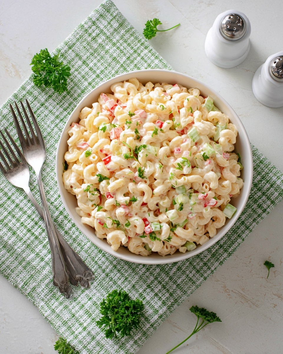 A round white bowl filled with creamy macaroni salad, showing three main layers: soft elbow macaroni coated with a light yellow creamy dressing as the base, small pieces of red bell pepper and light green celery scattered evenly throughout the macaroni, and fresh green parsley leaves spread on top as garnish. The bowl sits on a green and white checkered cloth set on a white marbled surface. Nearby are silver fork and spoon on the left side and white salt and pepper shakers on the top right corner of the image. Small green herb sprigs are also placed around the bowl for decoration, photo taken with an iphone --ar 4:5 --v 7