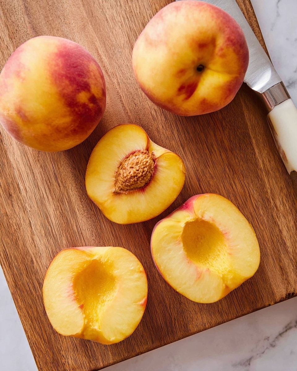 The image shows a wooden cutting board with three whole peaches and three peach halves placed on it. One peach half has a single light brown pit in the center with a rough texture, while the other halves show a soft, yellowish inside with slightly reddish edges near the peel. The whole peaches have a smooth skin with a mix of yellow and red colors. A shiny kitchen knife with a white handle is placed at the top right of the cutting board. The background is a white marbled texture. photo taken with an iphone --ar 4:5 --v 7