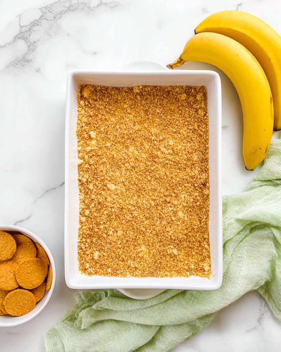 The image shows a white rectangular dish filled with a smooth, even layer of crushed light brown crumbs, creating a rough, granulated texture that covers the entire surface. To the right, three fresh yellow bananas lay on a white marbled surface, and a soft, light green cloth is draped casually above them. On the left side, there is a small round white bowl filled with round, golden-brown cookies. The whole scene is set on a white marbled surface, giving a clean and bright background. photo taken with an iphone --ar 4:5 --v 7