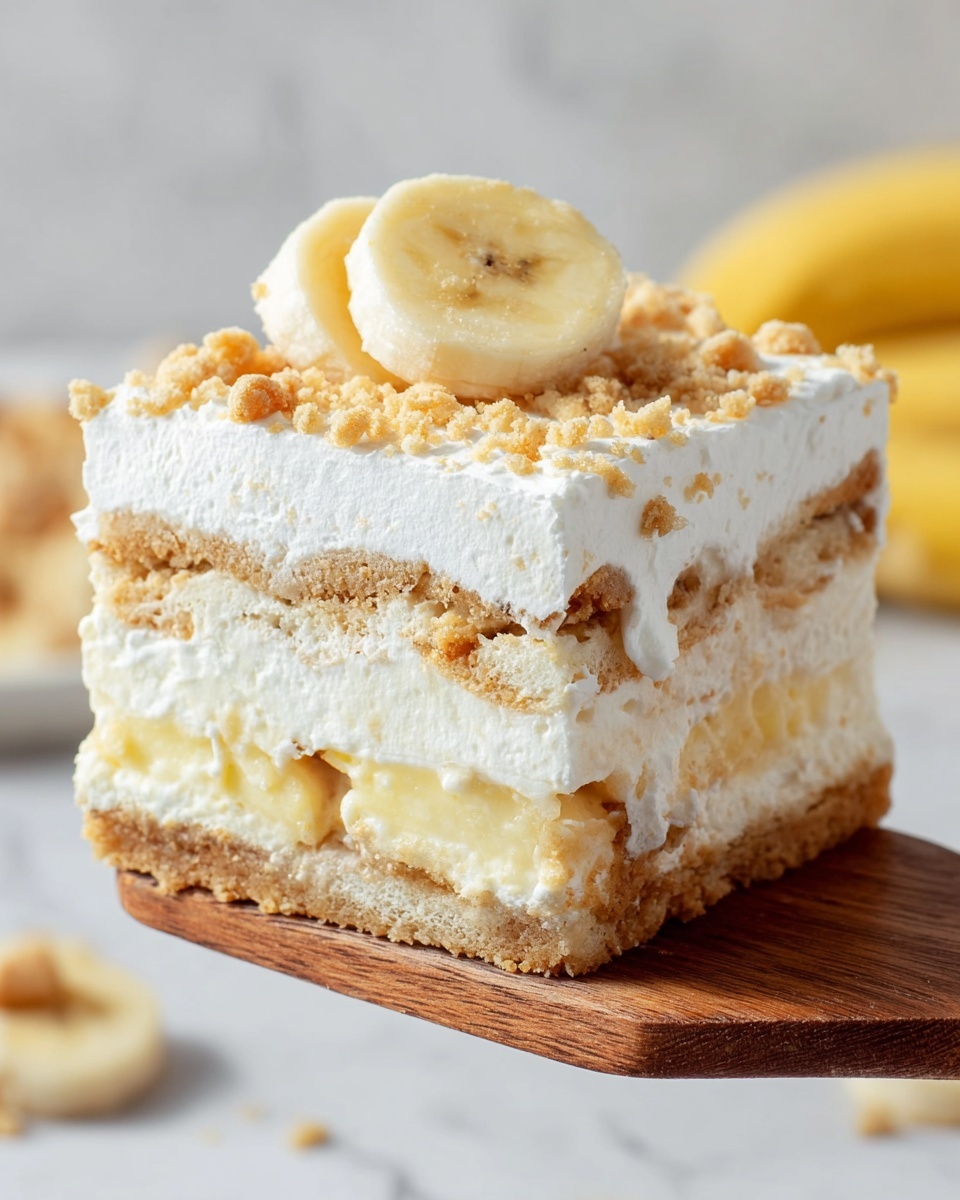 The image shows a thick square piece of dessert held by a wooden spatula. The dessert has four visible layers: at the bottom, a light brown crumbly crust; above it, a thick white creamy layer; then a middle layer made of banana slices and light yellow pudding mixed with broken beige cookies; topped by a thick white fluffy layer sprinkled with cookie crumbs. A single banana slice is placed on top for decoration. The background is a white marbled texture. Photo taken with an iphone --ar 4:5 --v 7