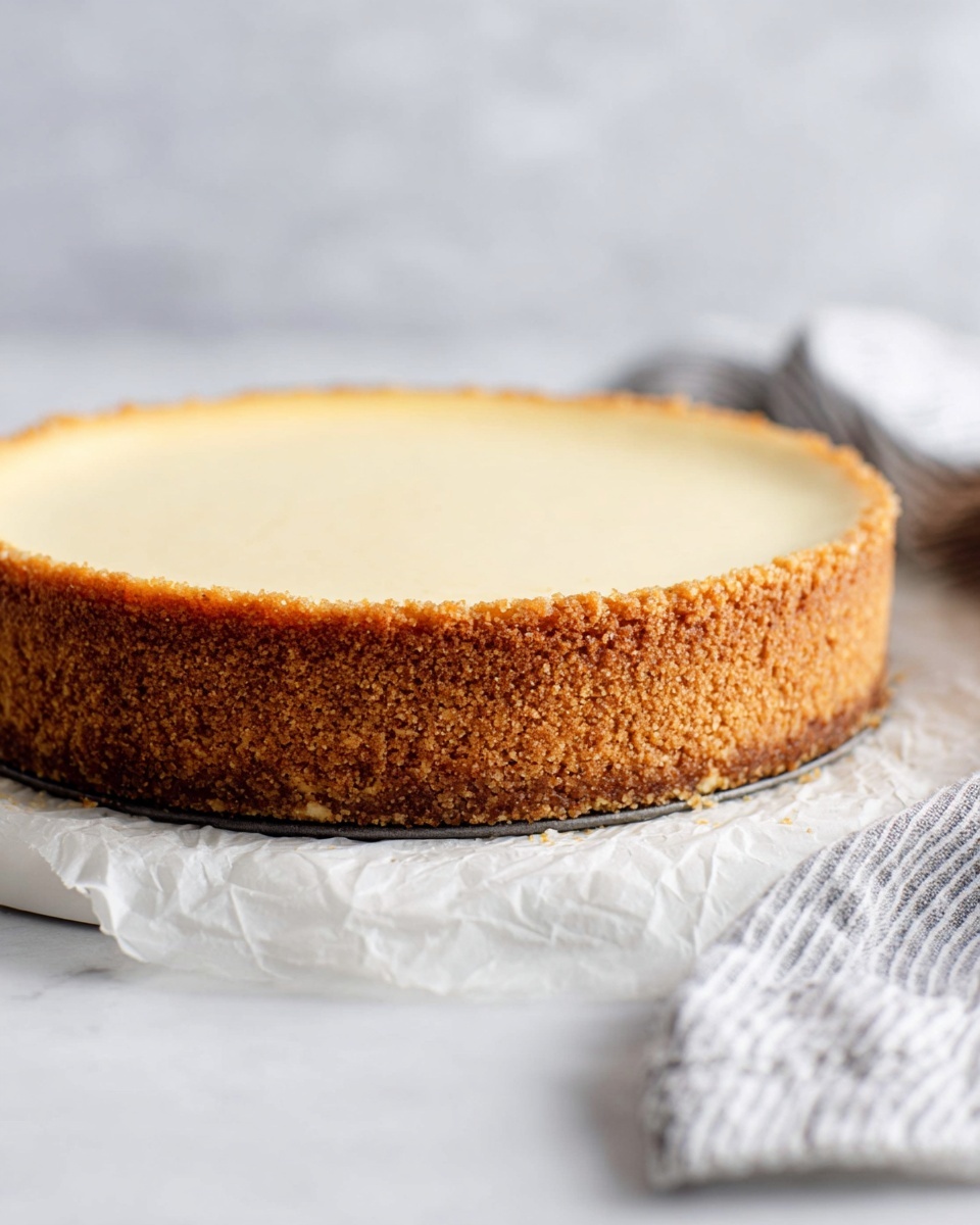 A round cheesecake with two layers sits on a white marbled surface with white parchment paper underneath. The bottom layer is a thick, crumbly, light brown crust that wraps up the sides evenly. The top layer is smooth and creamy, pale yellow, filling the inside fully with a flat, clean surface. A blurred gray and white striped cloth is placed to the right side of the cheesecake. The background is a soft, out-of-focus light gray with a white marbled texture. Photo taken with an iphone --ar 4:5 --v 7