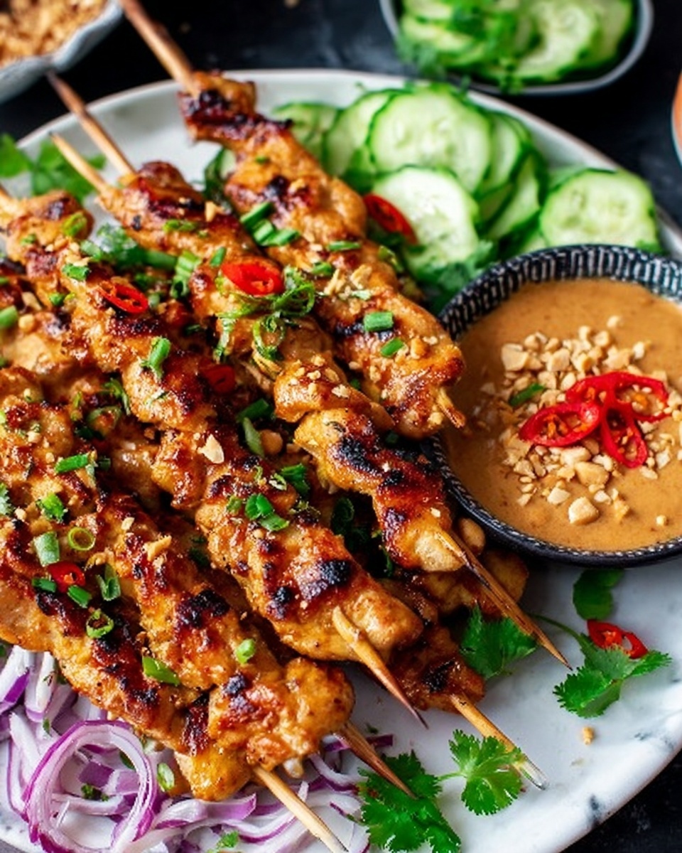 The image shows several wooden skewers with grilled, golden-brown pieces of meat arranged on a white plate on a white marbled surface. The meat is slightly charred and sprinkled with small green herbs and red chili slices. Around the skewers, there are thin slices of purple onion and some fresh green cilantro leaves. On the plate, near the center, there is a small bowl filled with creamy light brown sauce topped with crushed peanuts and tiny red chili flakes, with one skewer partly dipped in it. In the background, there are fresh green cucumber slices. The photo taken with an iphone --ar 4:5 --v 7