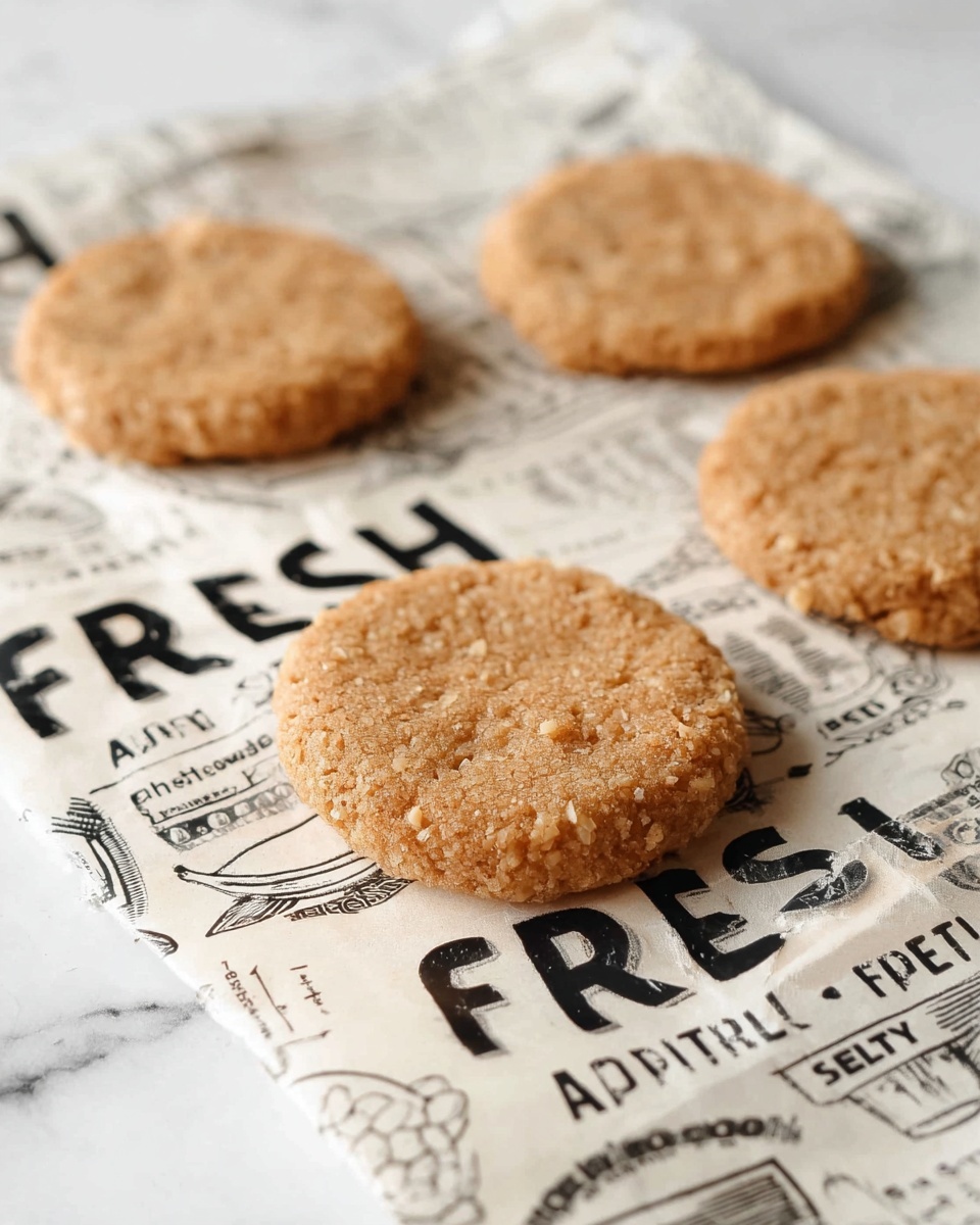 The image shows four round, golden-brown cookies with a rough, crumbly texture on a piece of printed paper featuring black text and graphics, all placed on a white marbled surface. The cookies are evenly spaced and have small uneven bumps, creating a homemade look. The paper underneath adds a vintage or rustic feel with words like