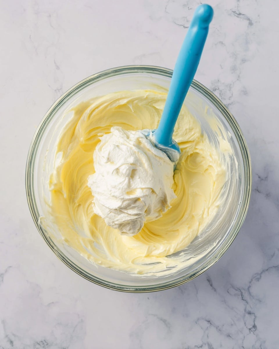 A clear glass bowl sits on a white marbled surface, filled with a thick, pale yellow creamy mixture. On top of this base layer lies a large dollop of fluffy white cream, adding a contrasting light texture and color. A blue spatula is placed in the bowl, partly submerged in the yellow mixture, creating soft swirling patterns where the two creams meet. The scene is bright and clean, focused on the smooth and airy textures within the bowl. photo taken with an iphone --ar 4:5 --v 7
