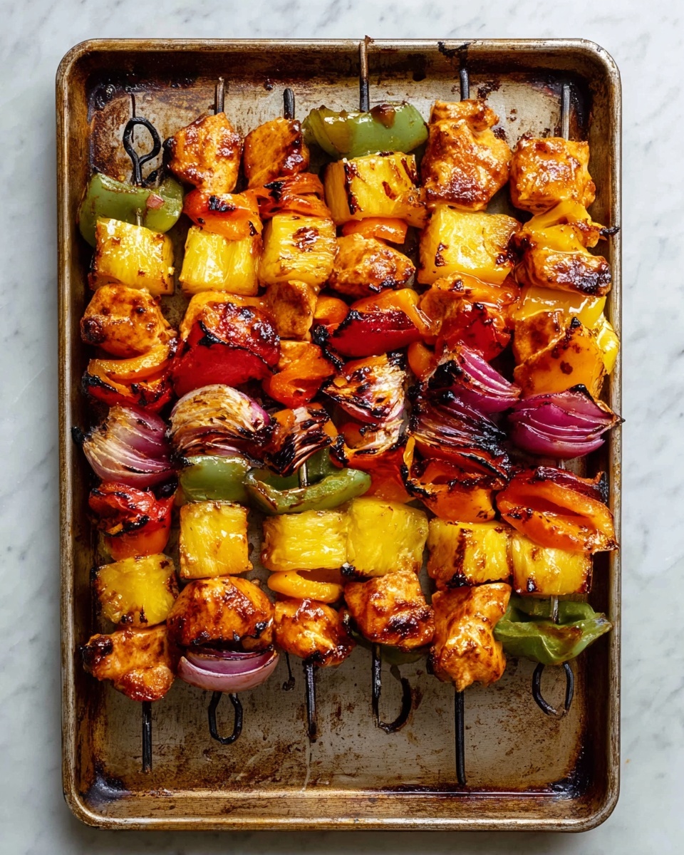 Two skewers lay on a bed of light golden brown rice with small green herb bits in a white round plate with a thin gold rim. Each skewer has five layers of grilled food starting from the top with a small piece of charred mushroom, followed by bright red bell pepper, orange bell pepper, a chunk of grilled chicken with a juicy browned texture, and a piece of purple onion. Lower layers repeat with grilled chicken pieces, yellow pineapple chunks, green bell pepper, and red bell pepper, all slightly charred and glossy from grilling. The plate sits on a white marbled surface with another similar plate blurred in the background. photo taken with an iphone --ar 4:5 --v 7
