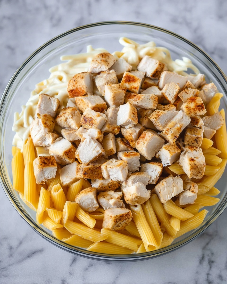 A clear bowl is filled with three layers: at the bottom, there are yellow penne pasta pieces, dry and firm. The middle layer is a white, creamy sauce that partially covers the pasta. On top, there are many pieces of cooked chicken, cut into cubes with a light brown, slightly crispy outer skin and a white inside. The bowl sits on a white marbled surface. photo taken with an iphone --ar 4:5 --v 7