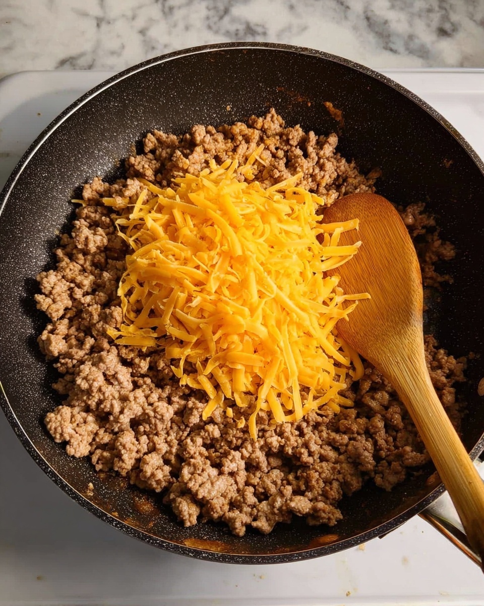 A black pan filled with cooked ground meat that has a light brown color and a soft, crumbly texture covering most of the surface, with a pile of bright orange shredded cheese placed in the center on top of the meat. On the right side inside the pan, a wooden spoon with a smooth texture is partially resting on the meat and cheese mix. The pan is set on a stove with a white marbled countertop visible around it. photo taken with an iphone --ar 4:5 --v 7