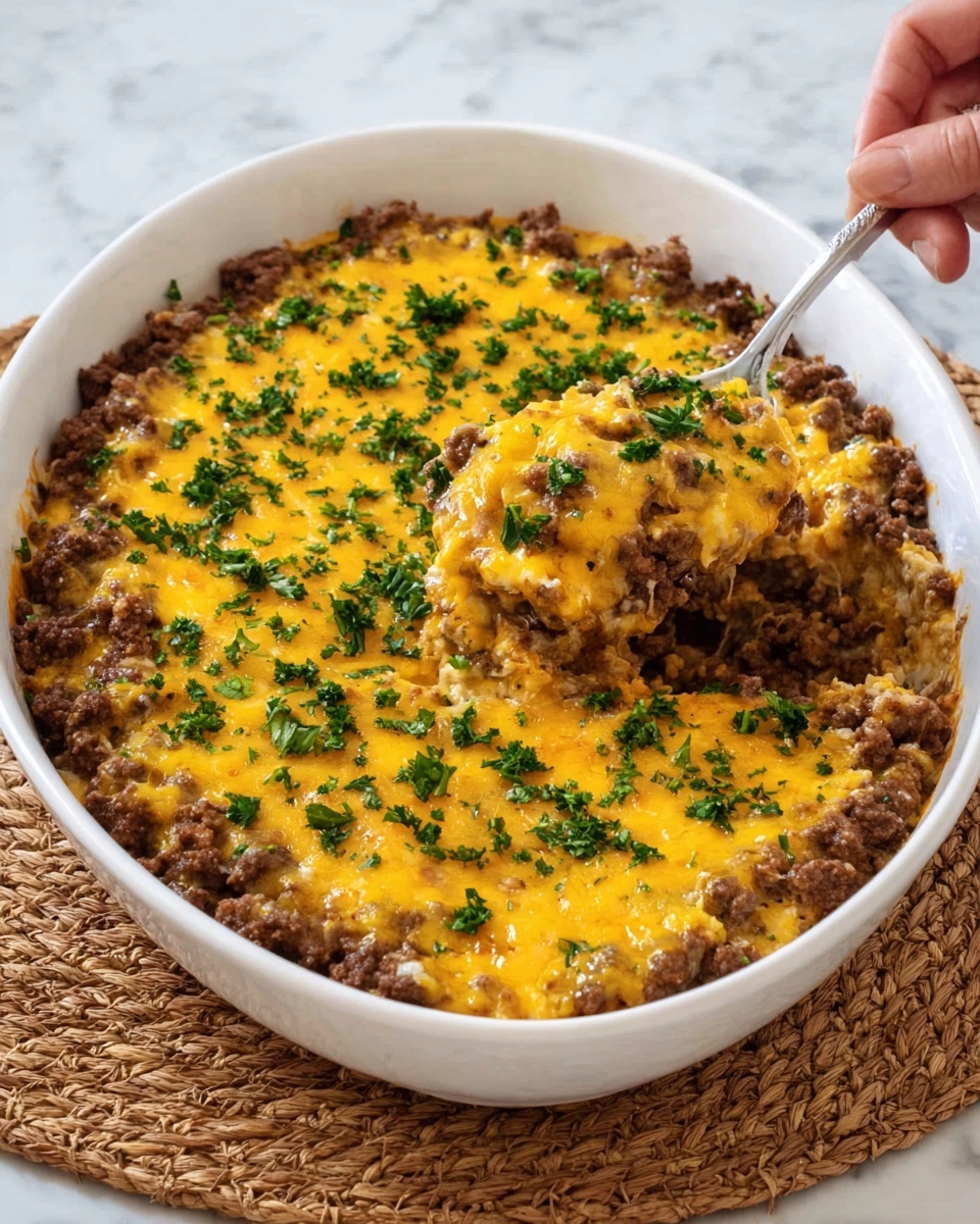 A white oval dish filled with two visible layers: the bottom layer has cooked ground meat with a chunky, slightly crumbly texture in brown color, while the top layer is melted yellow cheese spread evenly with small sprinkles of fresh green parsley. A woman's hand with a metal spoon is scooping some from the right side, lifting a cheesy meat portion that slightly pulls away from the rest. The dish sits on a natural woven mat on a white marbled surface. Photo taken with an iphone --ar 4:5 --v 7