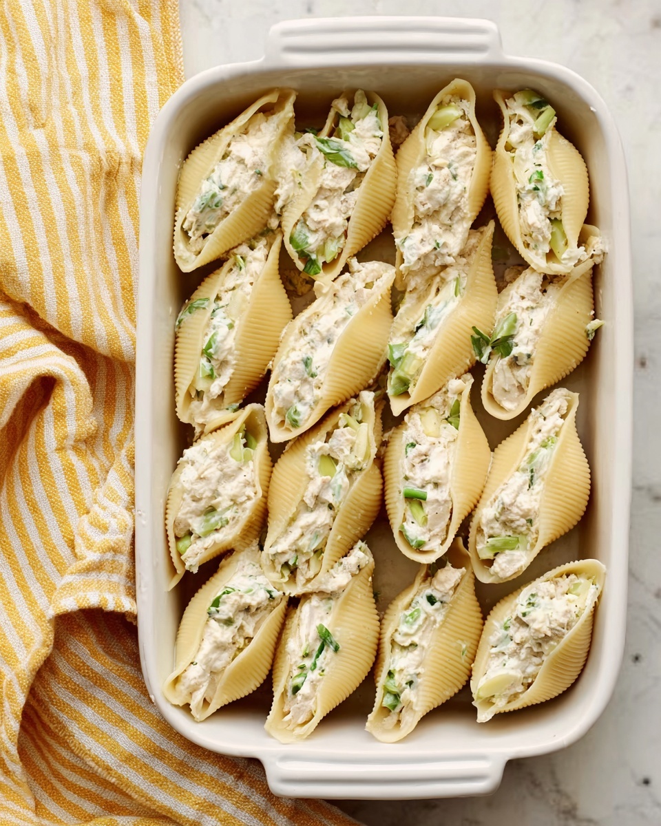 The image shows a white rectangular baking dish filled with large pasta shells arranged in neat rows. Each pasta shell is stuffed with a creamy mixture that is pale off-white with small green bits, likely herbs or vegetables, spread inside the openings. The pasta shells have a slight ridged texture and a light beige color. A yellow and white striped cloth napkin is placed on the left side, and the dish is set on a white marbled surface. Photo taken with an iphone --ar 4:5 --v 7