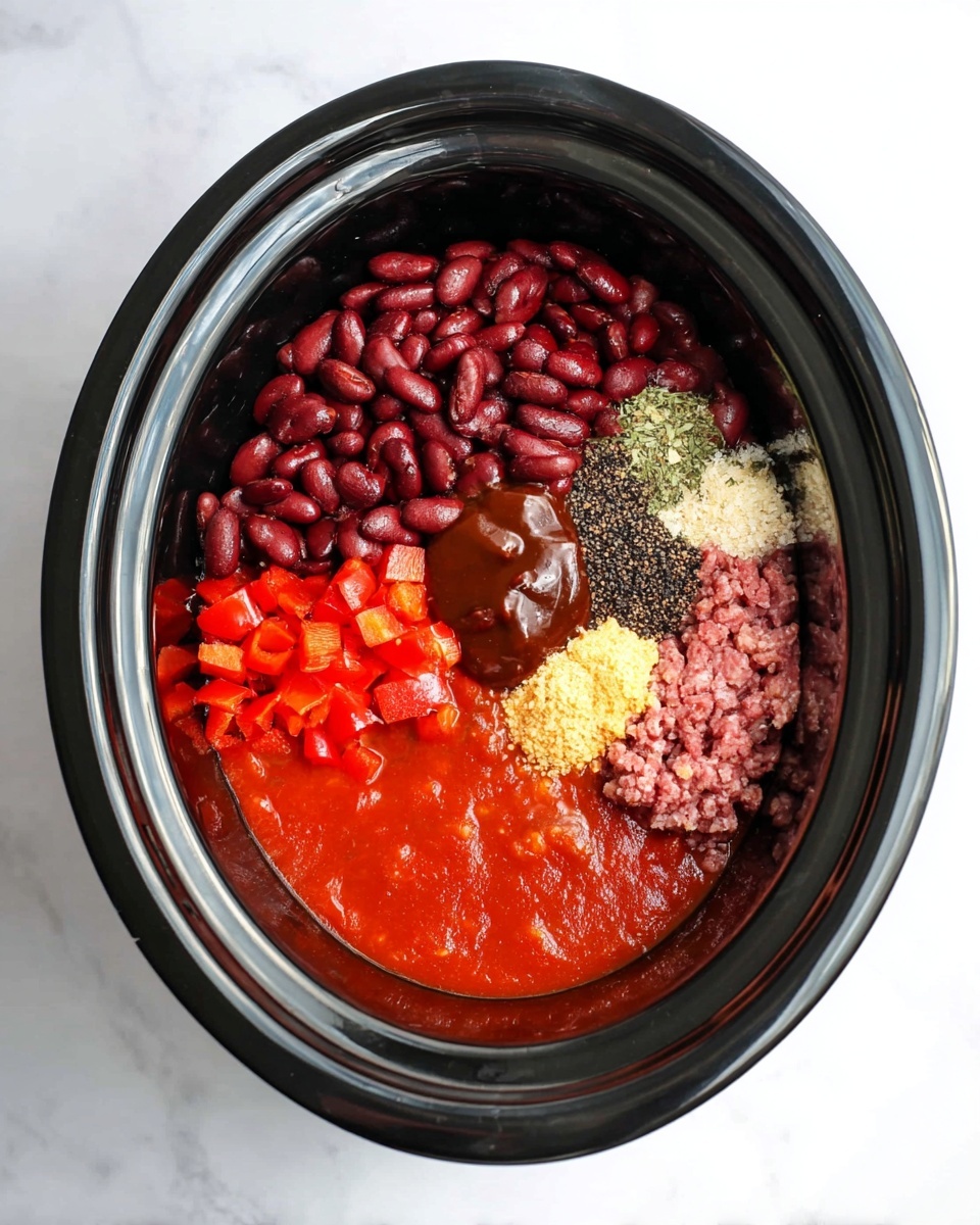 A black oval slow cooker is filled with several layers of ingredients, all sitting on a white marbled surface. The top left part of the cooker shows a pile of dark red kidney beans with a smooth, shiny texture. Below the beans and towards the center is a large pool of bright red tomato sauce covering the bottom of the cooker. On the left side, near the tomato sauce, there is a cluster of small, chopped red bell peppers. Near the center of the image on top of the tomato sauce is a dollop of dark brown sauce. Surrounding the dollop are layers of spices arranged in a mound, showing off colors like light tan, white, green, and black. On the right edge of the cooker, partially covered by the tomato sauce, is some raw ground meat with a pinkish-red, crumbly texture. photo taken with an iphone --ar 4:5 --v 7