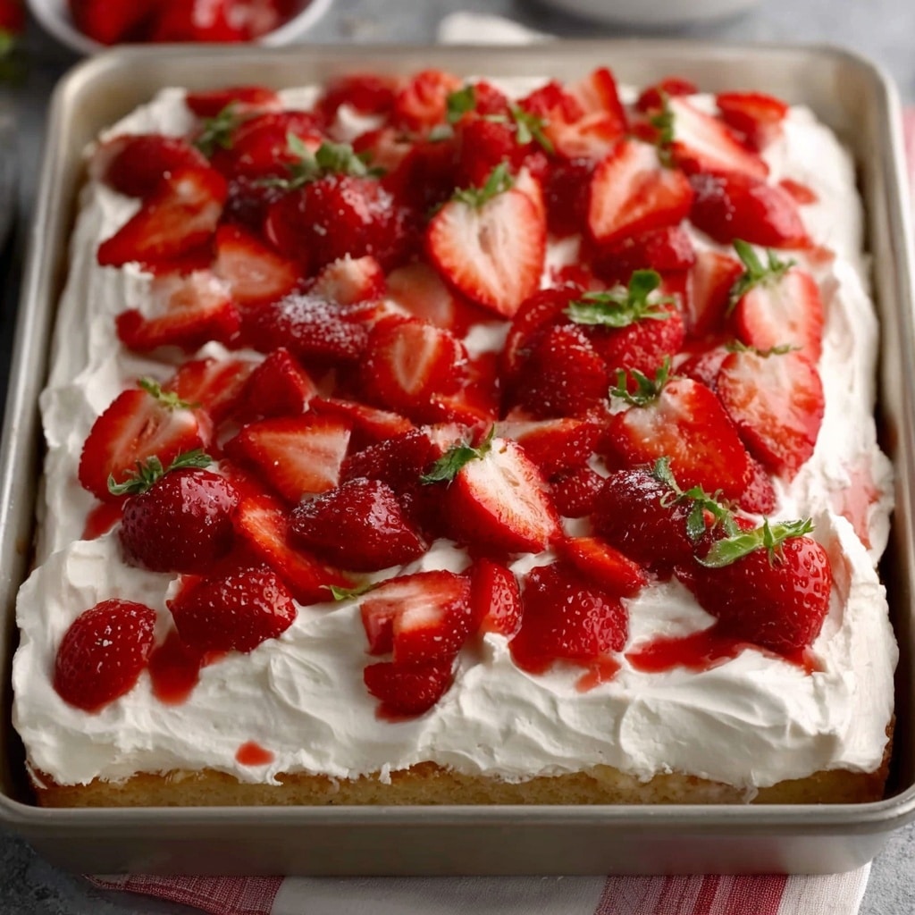 A close-up view of a square metal baking pan filled with a dessert made of two main layers. The bottom layer is a thick, fluffy white cream spread smoothly to cover the pan. On top, there is a generous amount of fresh, bright red strawberry pieces, some whole with green tops and some sliced, creating a colorful and textured layer that contrasts with the white cream. The pan is placed on a white marbled surface, and a red-striped cloth is partially visible on the side. photo taken with an iphone --ar 4:5 --v 7