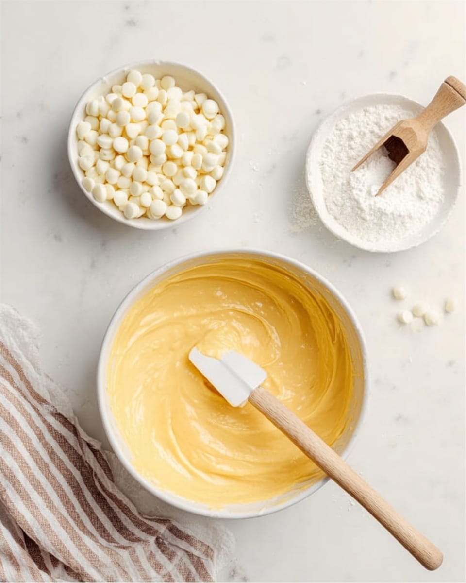 The image shows three white bowls on a white marbled surface. The largest bowl at the bottom contains smooth, creamy yellow batter with a small white spatula resting inside it, the spatula handle made of wood extending outward. Above and to the left, a smaller bowl is filled with small white round pieces that look soft. To the right, another small bowl contains white powder with a small wooden scoop partly buried in it. A striped cloth is partially visible at the bottom left corner of the image. The scene is well lit and the colors are soft and warm. Photo taken with an iphone --ar 4:5 --v 7