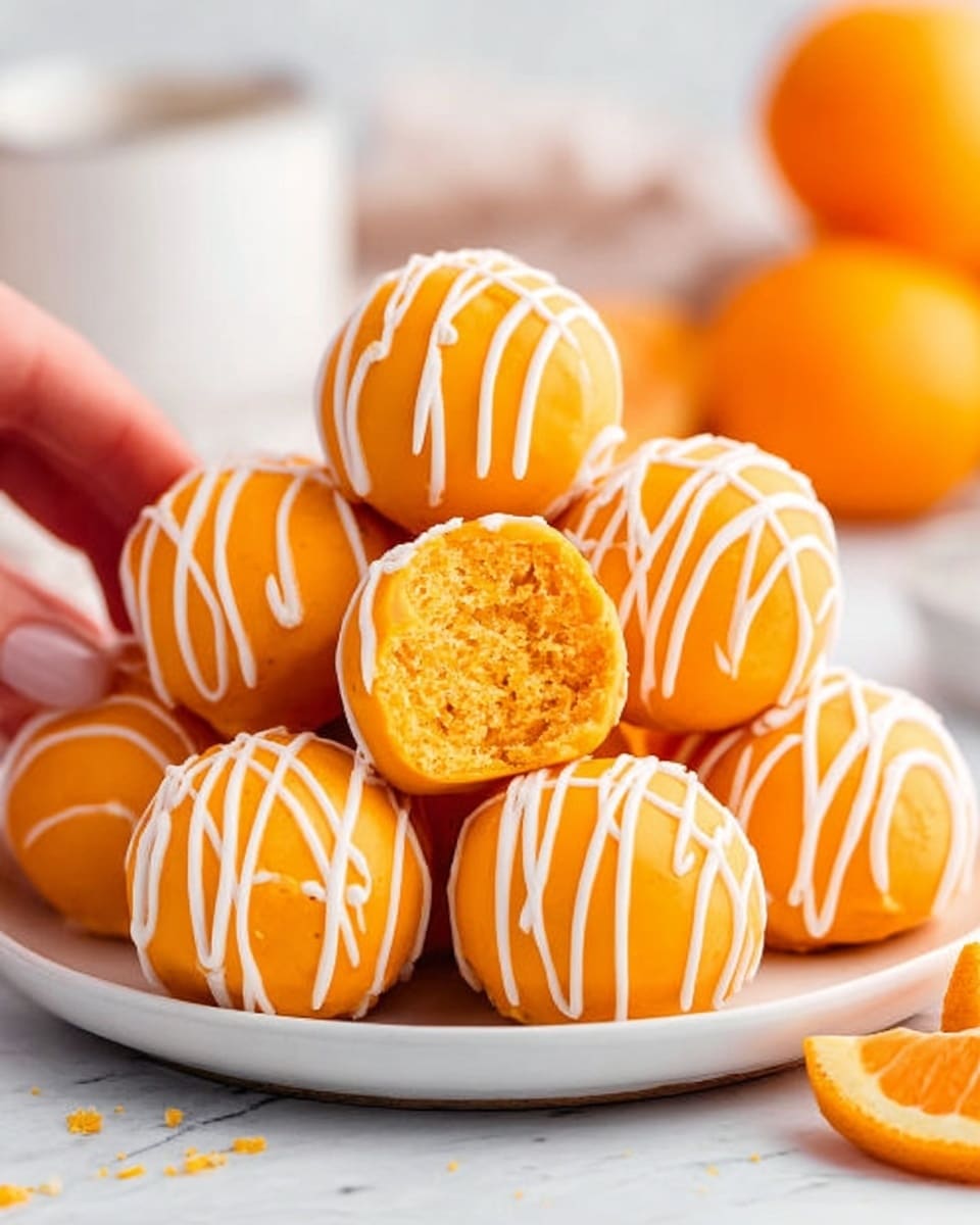 The dish shows a pile of round orange balls covered in smooth orange icing with white drizzle lines on top, stacked on a white plate. One ball is cut in half on top of the pile, showing a dense, moist, golden inside with small bits. The plate is on a white marbled surface, with some whole oranges blurred in the background. A woman's hand is gently touching one ball on the plate. The lighting is soft and bright, making the orange color stand out clearly. Photo taken with an iphone --ar 4:5 --v 7