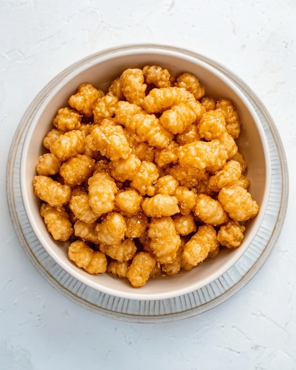 A white bowl filled with small, golden-brown, crispy puffed snacks. The puffs look crunchy and are coated with a shiny light sauce, scattered evenly all over the bowl. The bowl is placed on a white plate with a subtle pattern, all set on a white marbled surface. Photo taken with an iphone --ar 4:5 --v 7