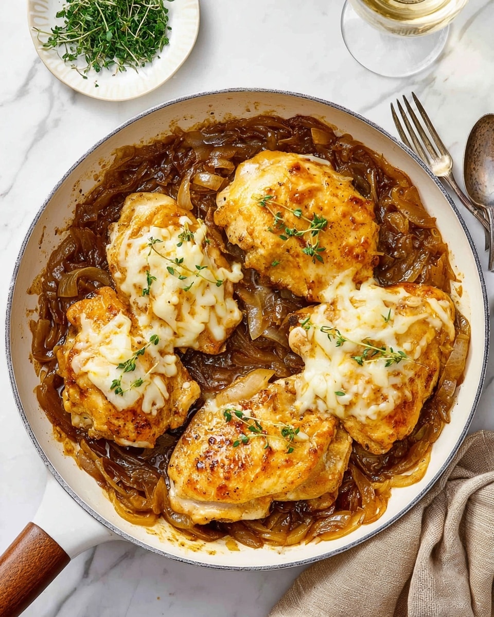 A white skillet filled with five pieces of golden-brown cooked chicken, covered partly by caramelized onions in a rich brown sauce. Two chicken pieces are topped with melted cheese, which is light yellow and slightly browned on top. Small green herb sprigs are scattered over the chicken and onions. The skillet sits on a white marbled surface, with a small white dish filled with fresh green herbs and a wine glass in the background. A beige cloth and a wooden-handled fork rest beside the skillet. Photo taken with an iphone --ar 4:5 --v 7