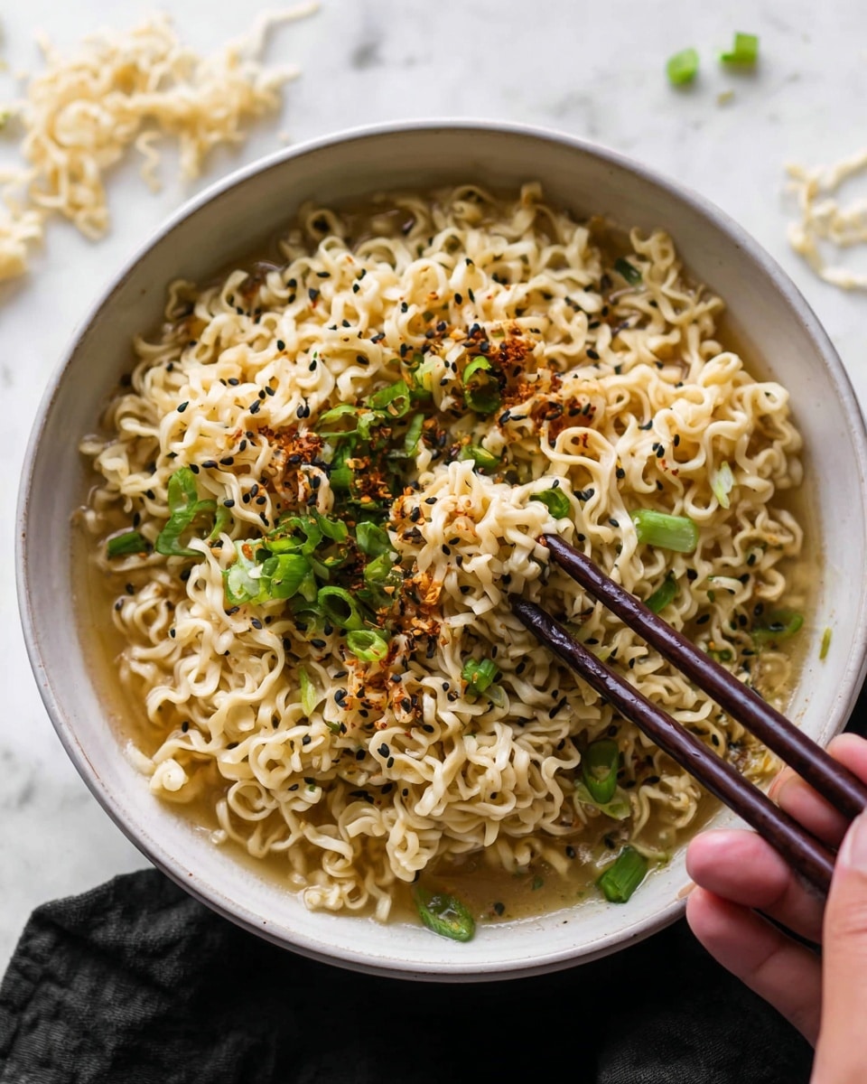 A bowl filled with three layers of curly light beige noodles soaked in broth, sprinkled with scattered black sesame seeds and small bits of red spices, and garnished with chopped bright green spring onions. A woman's hand uses dark brown chopsticks to lift a small bundle of noodles from the top layer. The bowl is white and rests on a white marbled surface with some noodles scattered around in the background. Photo taken with an iphone --ar 4:5 --v 7
