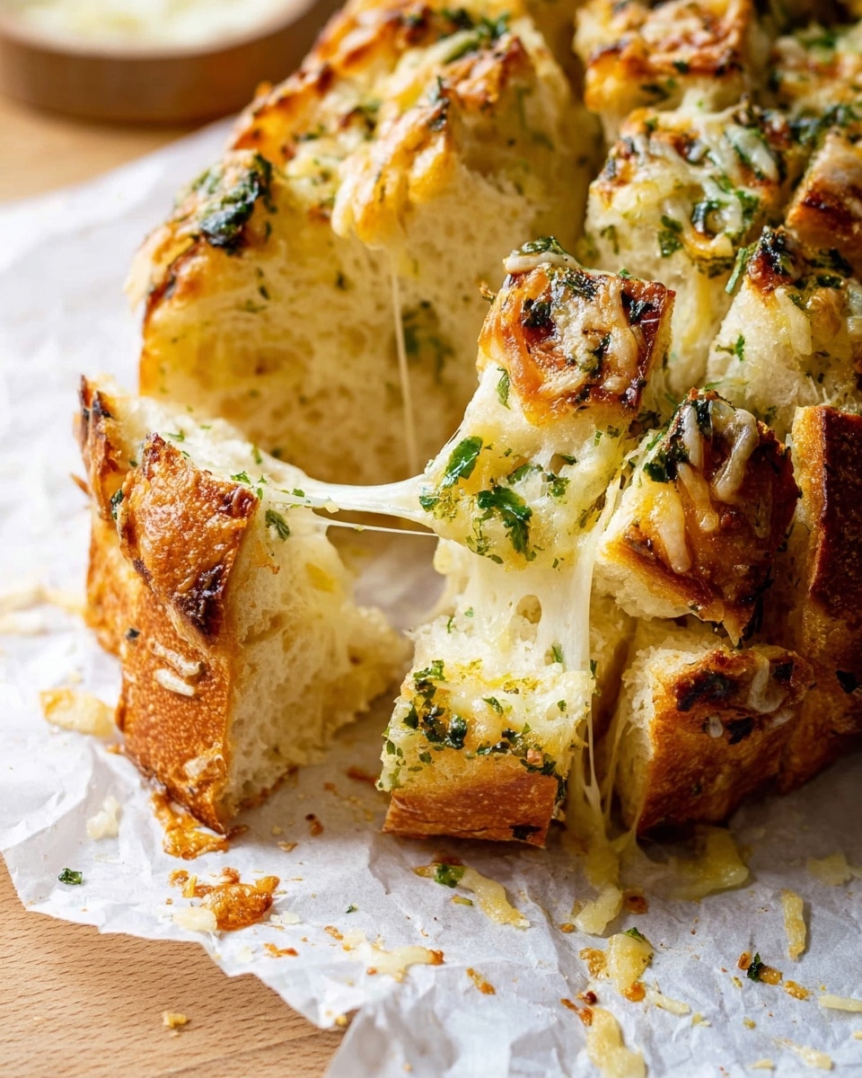 A pull-apart bread loaf is shown with a golden-brown crispy crust, covered in melted cheese and small green herb pieces on top. The loaf is torn apart in large square sections, revealing a soft, airy, light-yellow interior beneath the toasted crust. Strings of melted cheese stretch between the separated pieces, adding a gooey texture. The bread sits on white parchment paper over a light wooden table with scattered crumbs. The scene is close up, focusing on the torn bread and cheese stretch. photo taken with an iphone --ar 4:5 --v 7