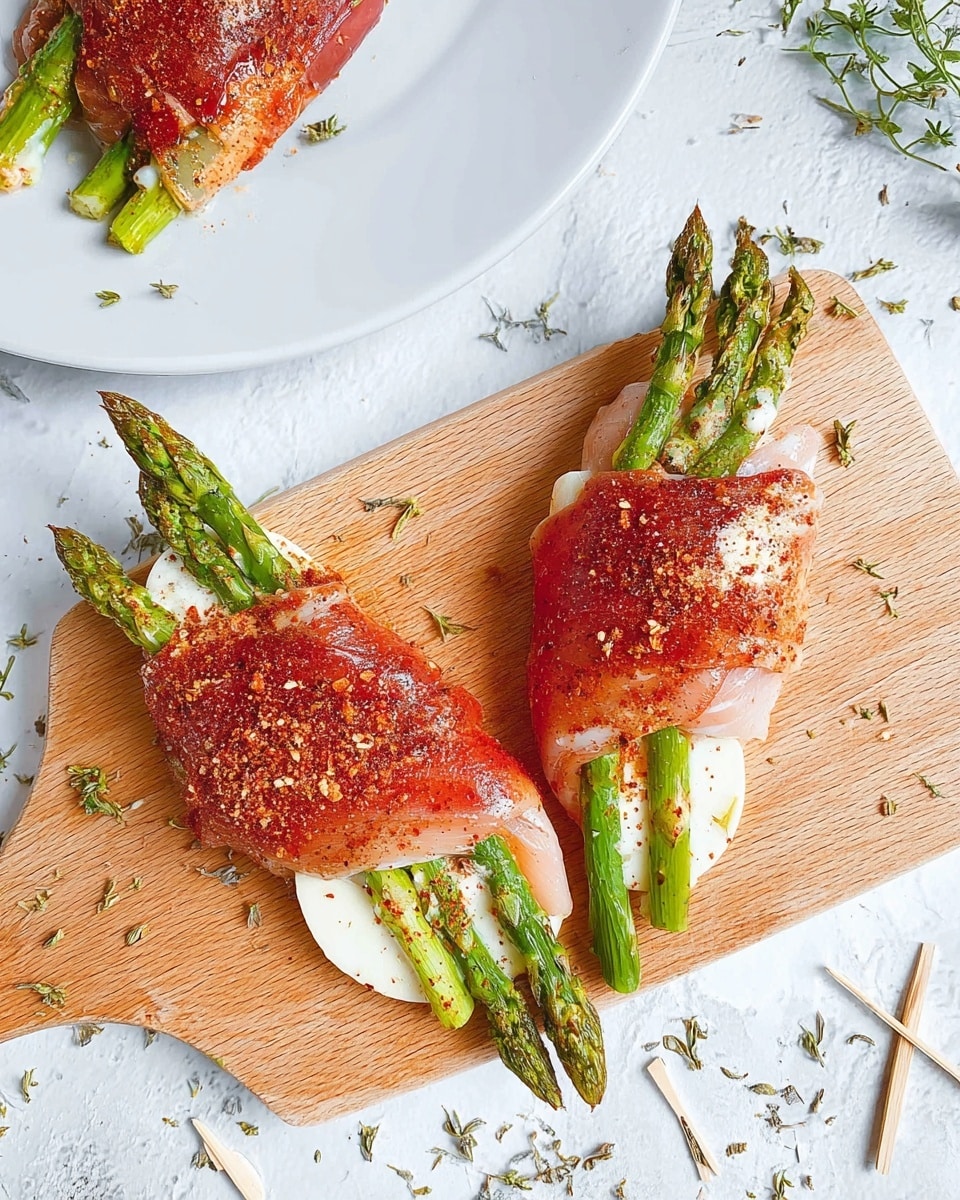 Two raw chicken fillets are laid flat on a wooden board, each wrapped around a bundle of green asparagus spears and a slice of white cheese, with the pointed asparagus ends sticking out on one side. The chicken is sprinkled with red and brown spices, adding a textured layer on top. In the top left corner, a white plate contains a similar wrapped bundle, placed on a white marbled surface scattered with dried herbs and wooden toothpicks. The overall setting is bright and clean with a fresh, natural look. Photo taken with an iphone --ar 4:5 --v 7