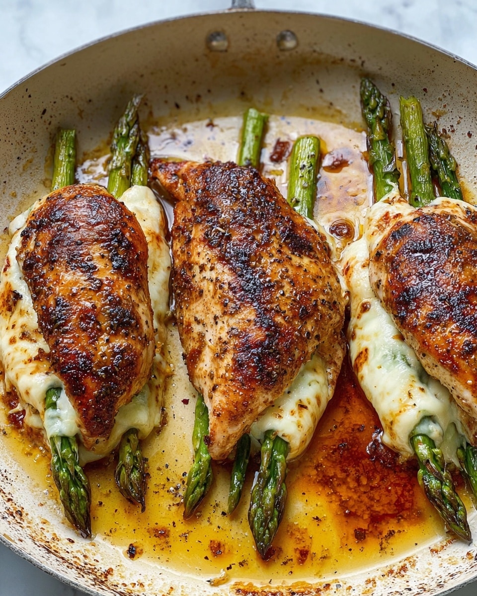 Three cooked chicken fillets are filled with green asparagus tips and melted white cheese, each secured with a toothpick. The chicken fillets have a golden to dark brown grilled surface with visible black seasoning specks. They rest in a white pan with browned, caramelized juices and oil pooling around them. The tip of the green asparagus sticks out from each fillet, contrasting with the shiny melted cheese inside. The background is a white marbled texture. Photo taken with an iphone --ar 4:5 --v 7