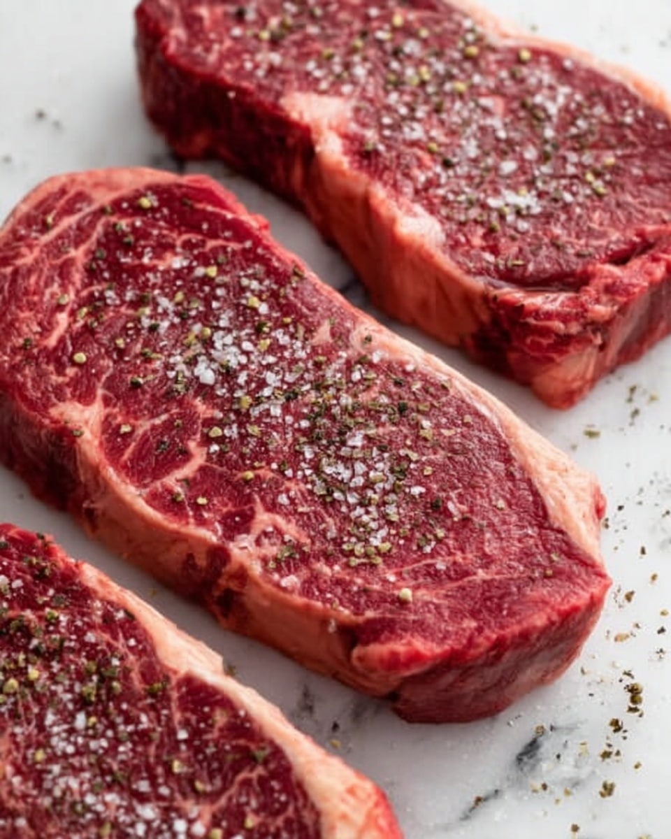 The image shows three raw steak pieces laid flat side by side on a white marbled surface. Each steak is thick with a deep red color, marbled with white fat streaks and sprinkled with coarse salt and cracked black pepper evenly over the top. The meat texture is visible showing fine detail of the fibers. The steaks have rounded edges and a slight shine from moisture. photo taken with an iphone --ar 4:5 --v 7