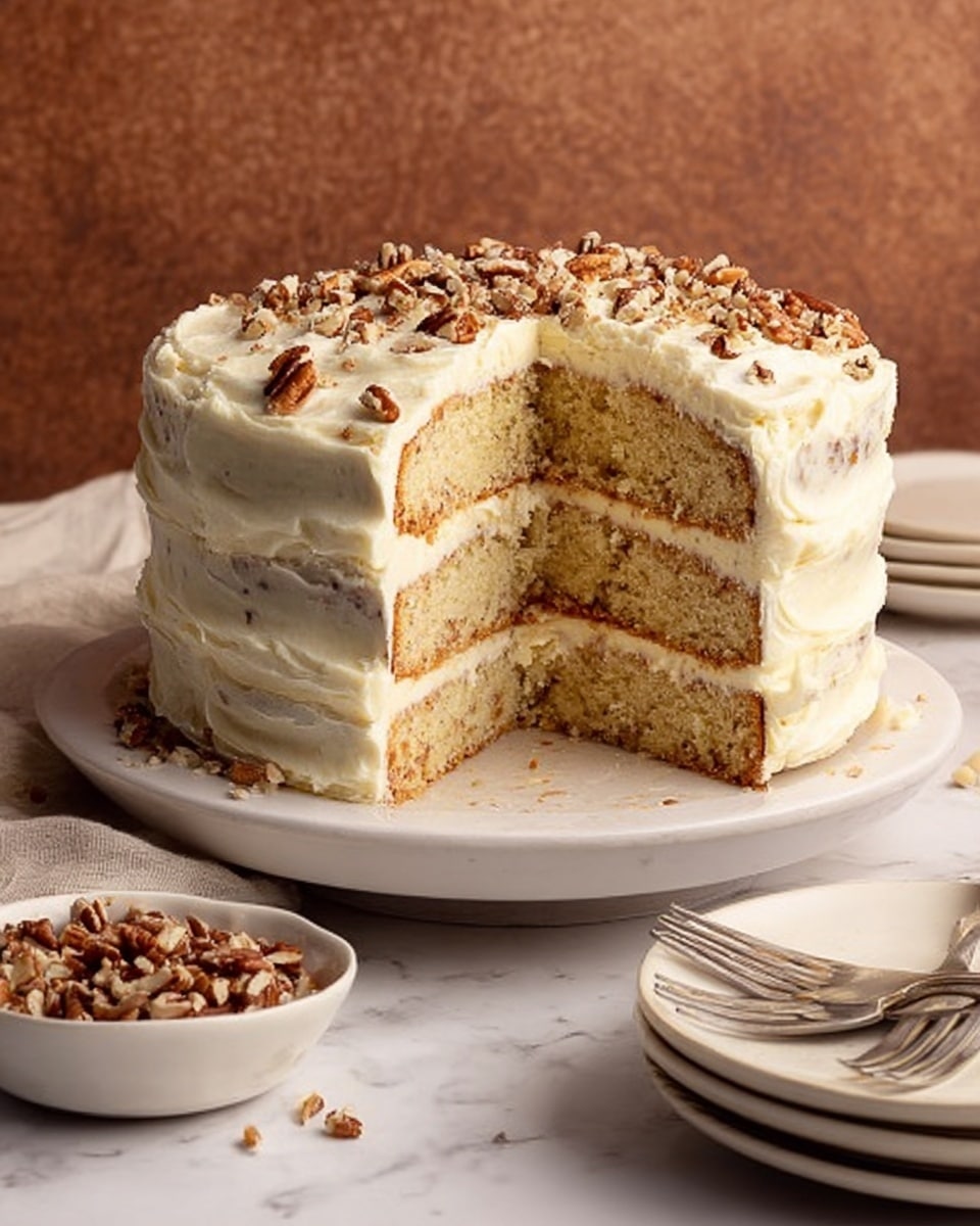 The image shows a three-layer light yellow cake with creamy white frosting between each layer and on the outside. The frosting looks smooth but with small texture marks, and the top is sprinkled with pieces of brown nuts. The cake sits on a white plate placed on a white marbled surface. A small white bowl with more nut pieces is on the side, along with stacked white plates and a fork. The background is a warm brown textured wall. Photo taken with an iphone --ar 4:5 --v 7
