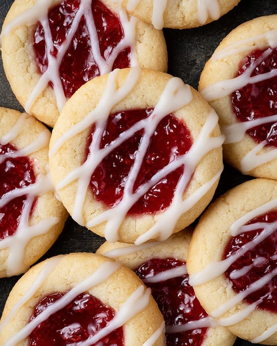 The image shows many round cookies arranged closely on a baking tray with a textured brown surface. Each cookie has two main layers: the bottom layer is a soft, pale yellow cookie base with a slightly cracked texture, and the top layer is a deep red jam filling placed in the center, creating a smooth, glossy look. Over the jam and cookie, white icing is drizzled in a crisscross pattern, adding a decorative touch with thin, smooth lines. The cookies are uniform in size and evenly spaced, filling the whole image. photo taken with an iphone --ar 4:5 --v 7