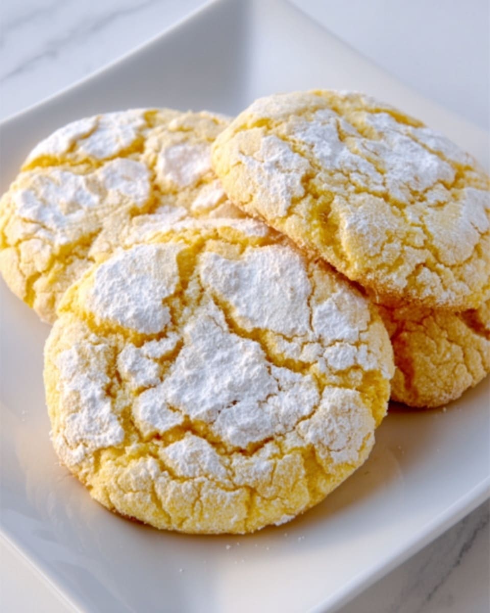 Three round cookies with cracked tops show a light golden yellow color beneath a thin layer of white powdered sugar. The cookies rest closely together on a white square plate, which is placed on a white marbled surface. The texture of the cookies looks soft and slightly puffy with a delicate crust. The powdered sugar creates a faint snowy pattern across each cookie's surface. Photo taken with an iphone --ar 4:5 --v 7