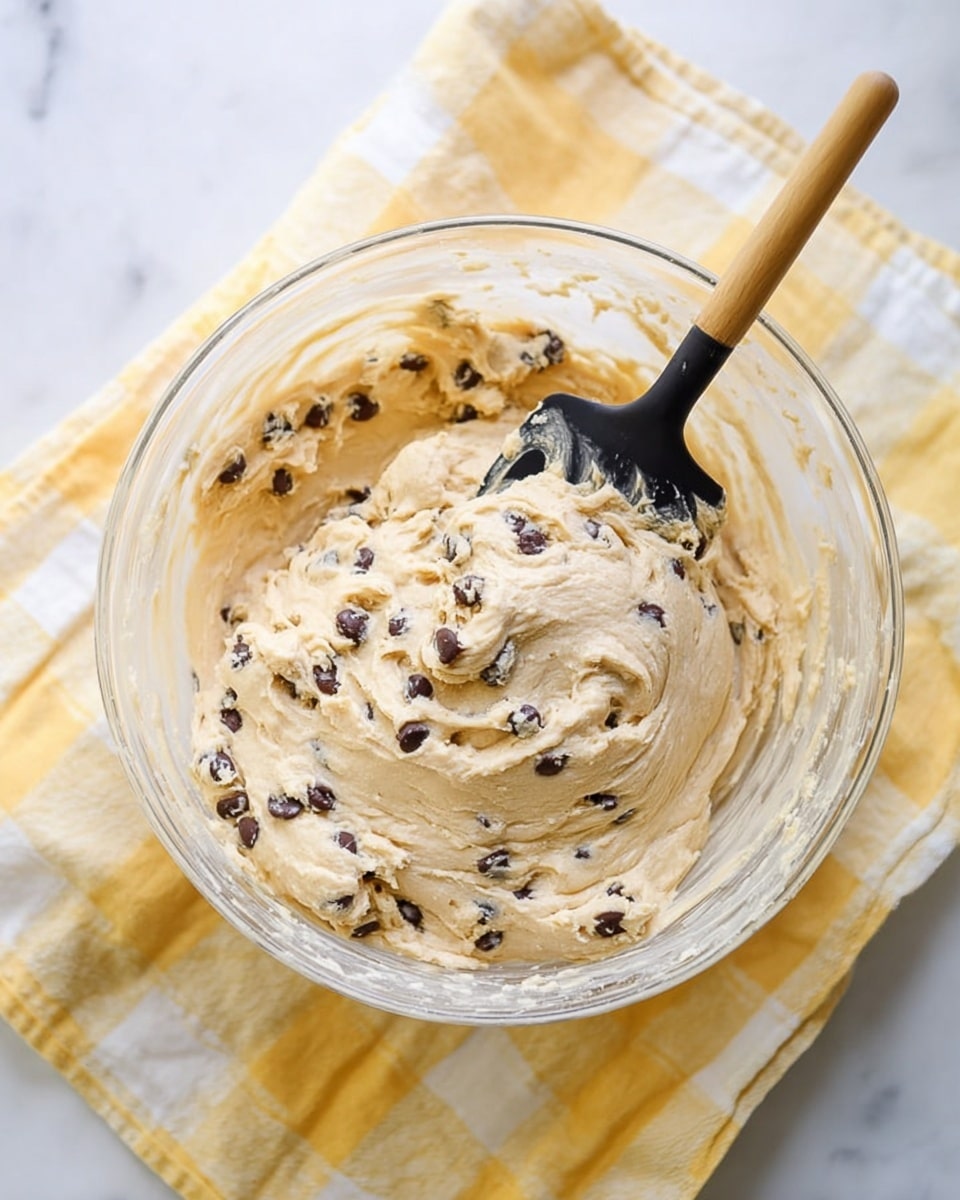 A clear glass bowl filled with light beige cookie dough mixed with small dark chocolate chips spread evenly throughout. The dough looks creamy and thick with smooth swirls on the surface, and a black spatula with a wooden handle rests inside the bowl. The bowl is placed on a white marbled surface with a yellow and white checkered cloth underneath. photo taken with an iphone --ar 4:5 --v 7
