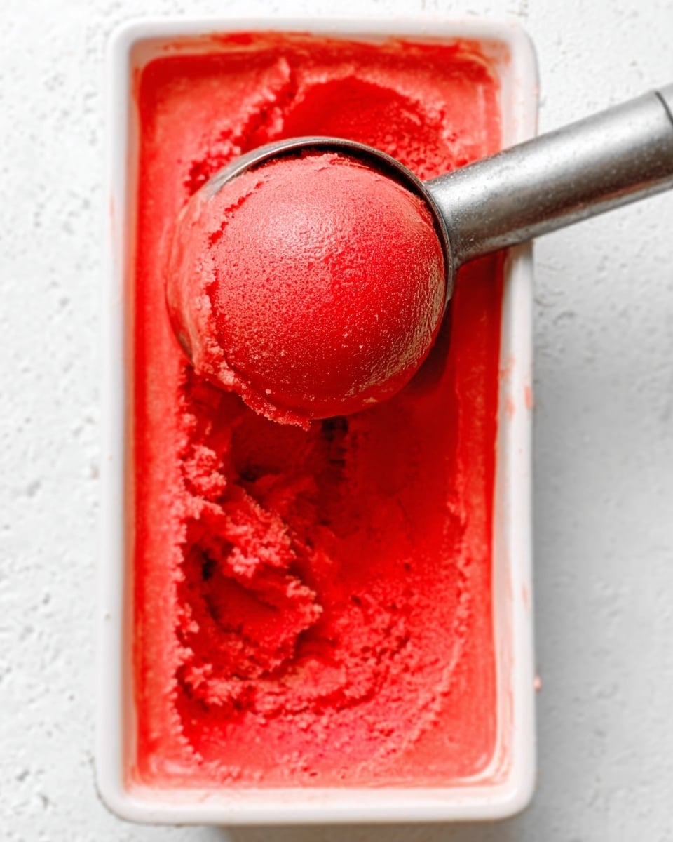 The image shows a white rectangular dish filled with bright red sorbet. A silver ice cream scoop holds a round, smooth scoop of the sorbet above the dish. The sorbet inside the dish has a soft, slightly rough texture with some scoop marks. The background surface is white with a marbled texture. The lighting highlights the shiny, smooth look of the sorbet. photo taken with an iphone --ar 4:5 --v 7