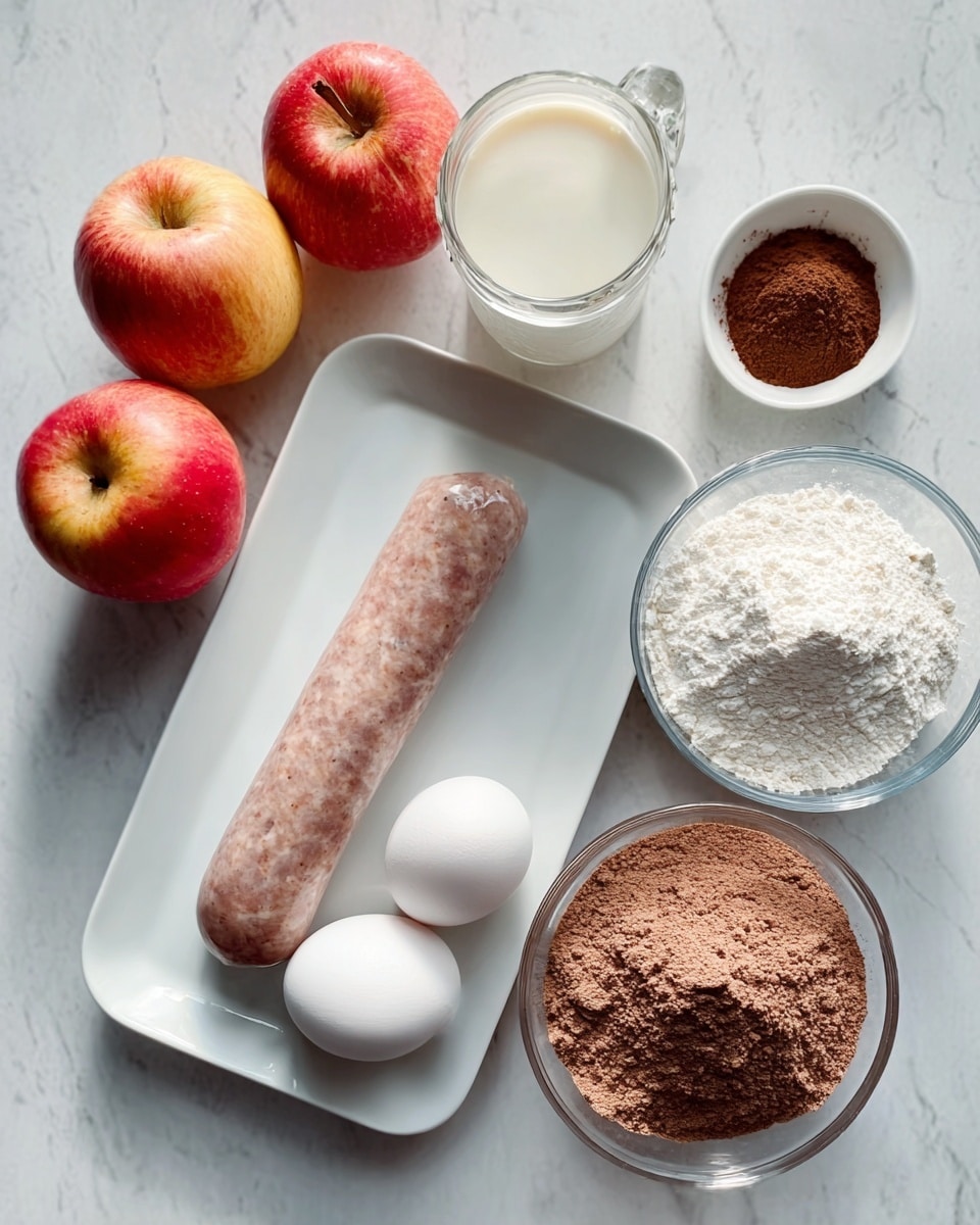 The image shows a white rectangular plate in the center with a roll of brown dough covered lightly with flour placed horizontally. In front of the plate are two white eggs. Surrounding the plate, there are a bowl of white flour to the right, a small bowl with cocoa powder above it, a transparent glass filled with white milk on the left, a small bottle with a dark liquid behind the milk, and two red apples placed near the top left corner on a white marbled surface. The setup looks clean and bright, with natural light illuminating the ingredients. photo taken with an iphone --ar 4:5 --v 7