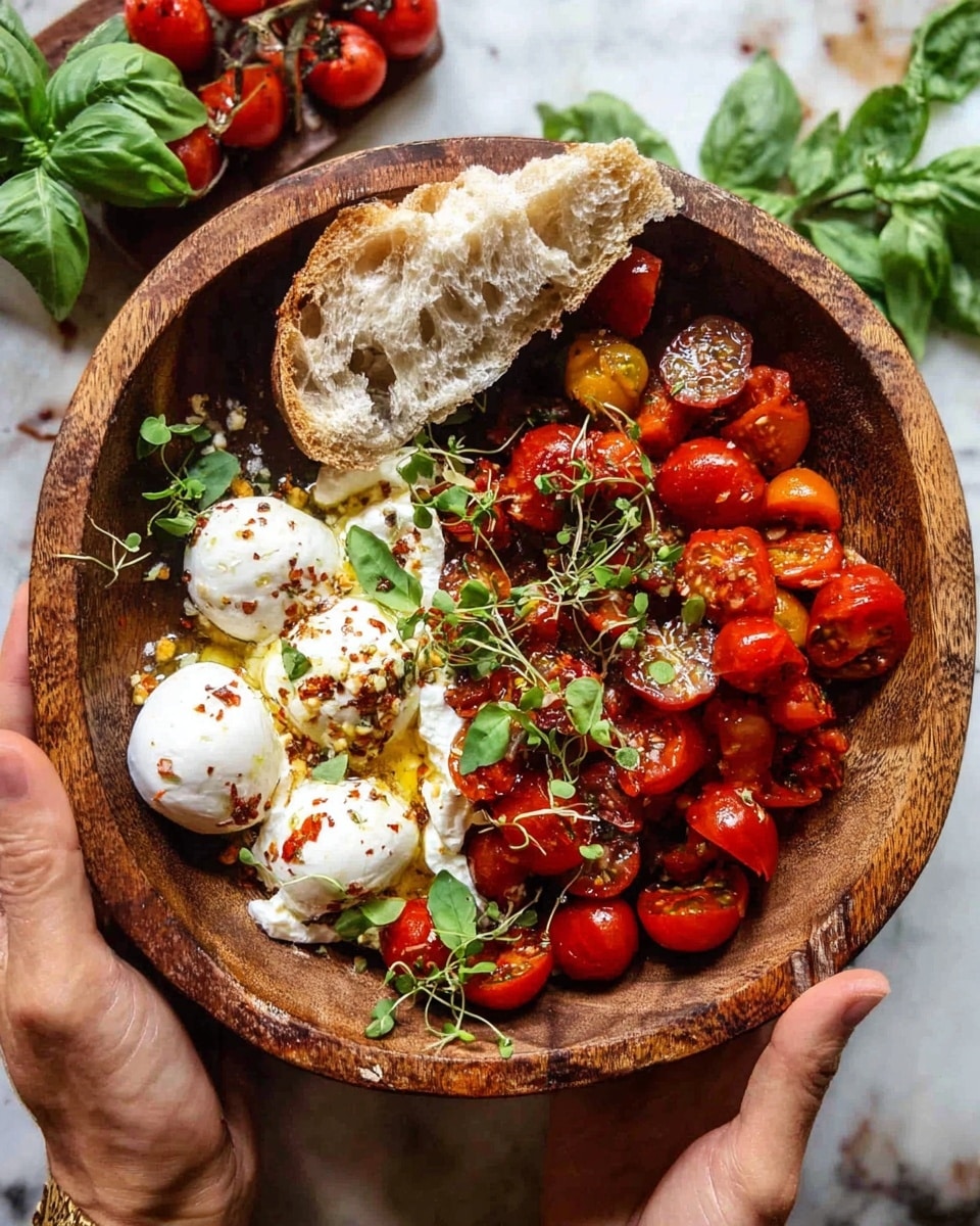 A rustic wooden bowl filled with a vibrant mix of bright red cherry tomatoes, some whole and some sliced, forming a large portion on the right side. On the left, there are three soft, white cheese balls with a creamy texture, drizzled with golden olive oil and sprinkled herbs and spices. Fresh green basil leaves and tiny green microgreens are scattered throughout, adding a fresh look. A piece of airy, crusty bread is placed on the left edge inside the bowl. The bowl is being held by two woman's hands, one at the bottom and one gently touching the rim on the right. The background is a white marbled surface with additional fresh basil leaves and a bunch of cherry tomatoes visible on it. Photo taken with an iphone --ar 4:5 --v 7
