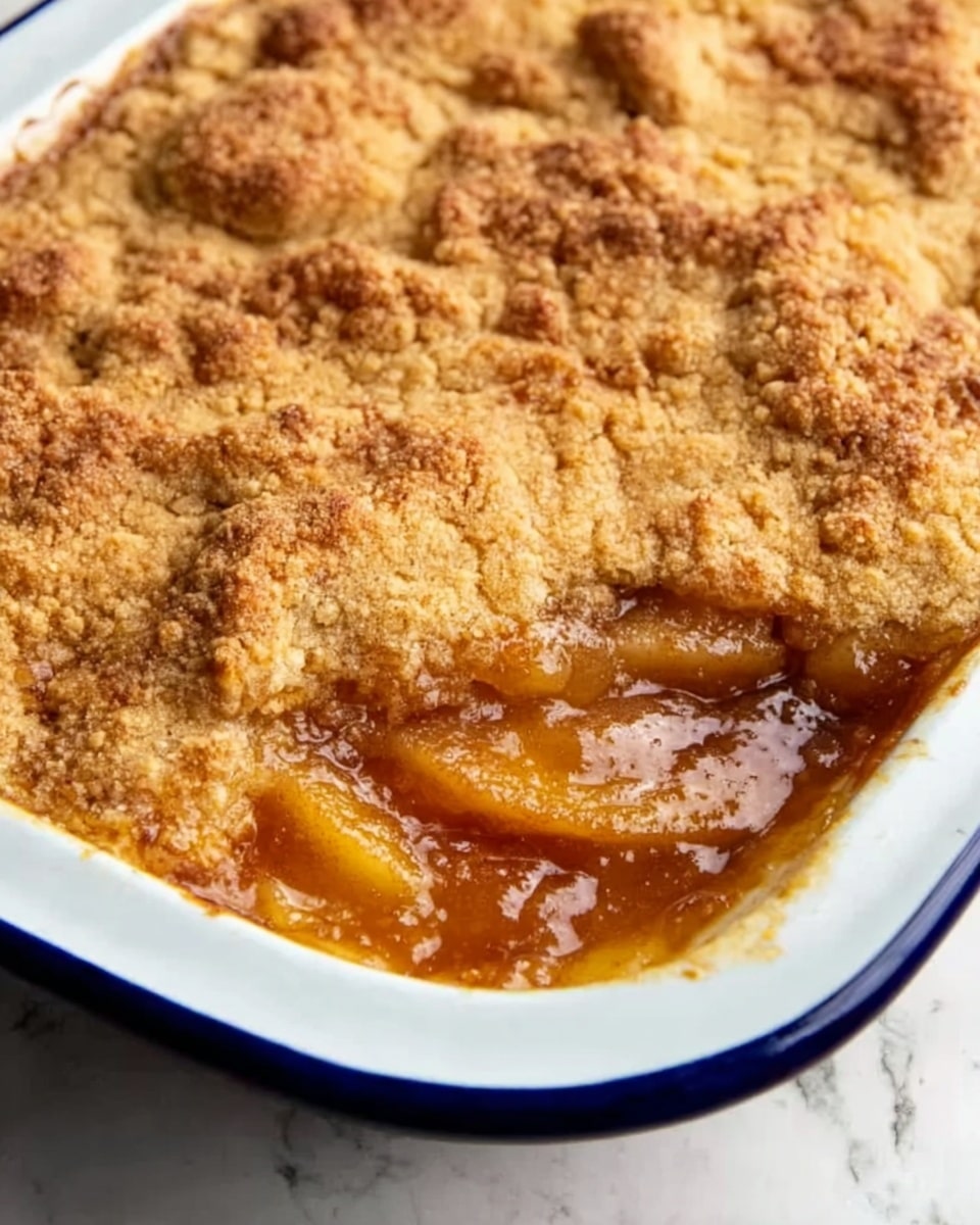 A close-up of a baked apple dessert in a white enamel baking dish with a dark blue rim, showing a thick, golden brown crumbly topping with small peaks and cracks. Beneath the topping, a sticky, shiny, amber-colored apple filling peeks through the edges and holes, looking soft and gooey with visible slices. The dish is placed on a white marbled surface, enhancing the warm tones of the dessert. The photo taken with an iphone --ar 4:5 --v 7