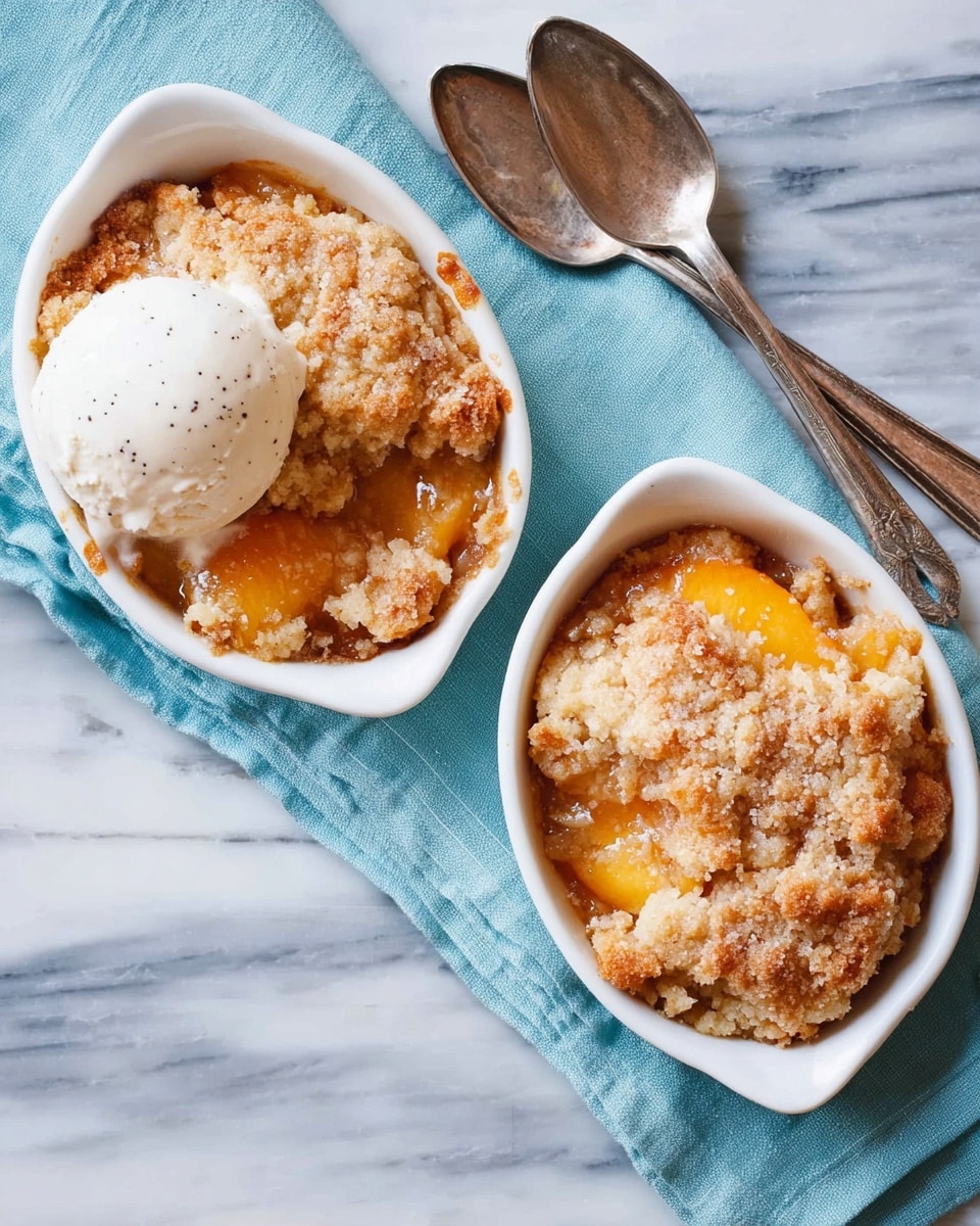 This image shows a close-up of a white bowl filled with a peach dessert. There are bright orange peach slices at the bottom right, surrounded by a light brown, soft, and syrupy layer with small chunks, likely a cooked fruit filling. On top of this is a golden brown crunchy layer with a rough, crumbly texture. Two scoops of creamy, pale yellow vanilla ice cream sit on the upper left side, partially melting into the warm dessert below. The background is a white marbled surface. Photo taken with an iphone --ar 4:5 --v 7
