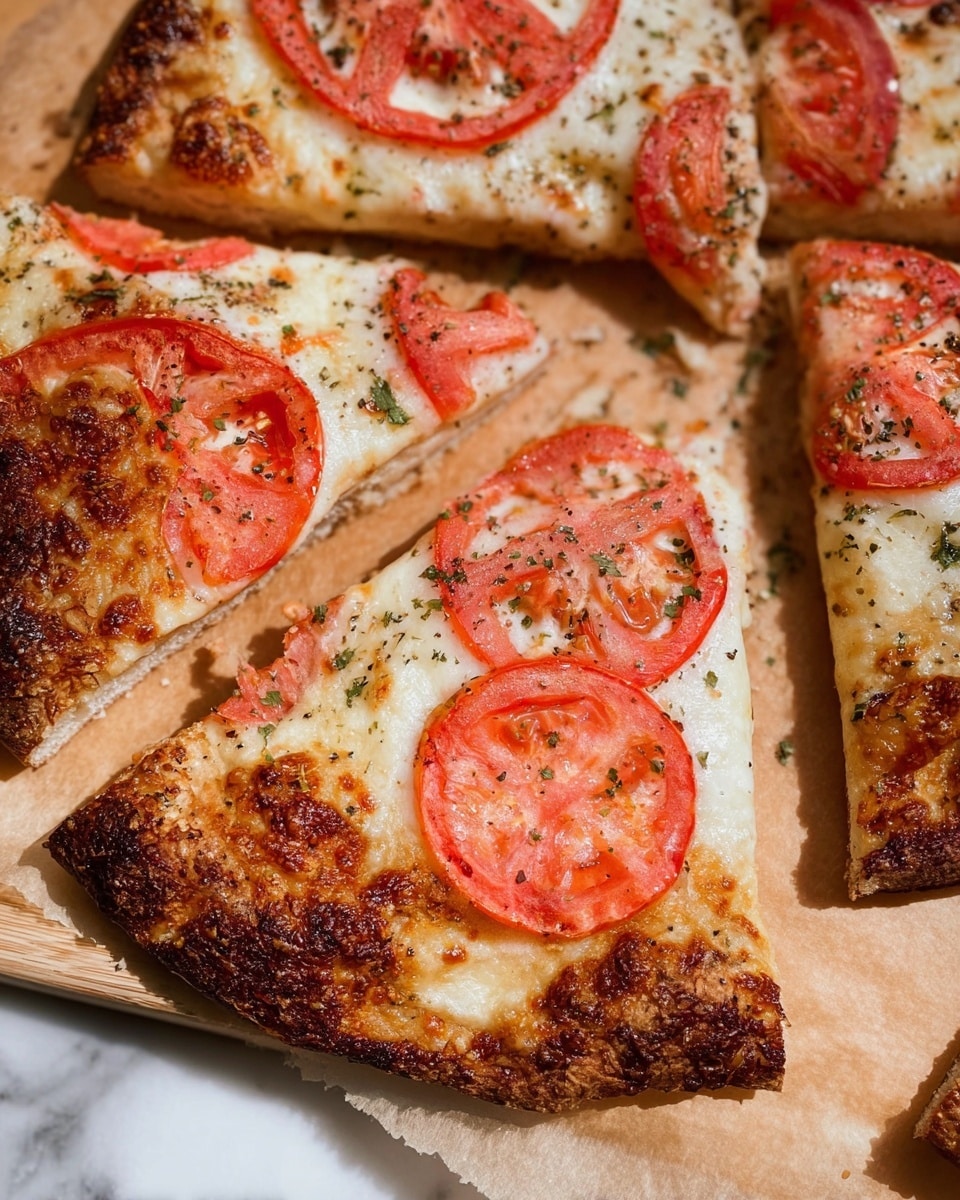 The image shows several slices of pizza on a light brown baking paper over a white marbled surface. Each pizza slice has one visible layer of melted white cheese covering the golden-brown crust, which has some darker toasted spots. On top of the cheese, there are slices of red tomato, cut thin and evenly spread over each slice. The tomato slices have a slightly shiny texture, and black pepper is sprinkled over them. The crust is thick and has a rough, bubbly texture, showing it is well-baked. Photo taken with an iphone --ar 4:5 --v 7