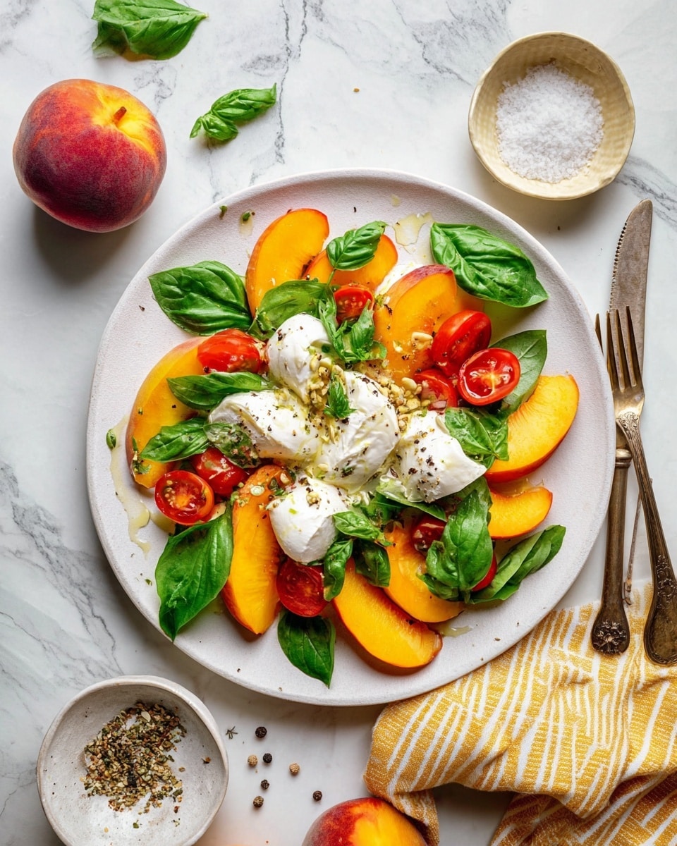 A white plate holds a fresh salad arranged in layers starting with a base of green basil leaves scattered across the plate. On top, bright orange peach slices are placed in a loose circle around the middle, accompanied by halved red cherry tomatoes. In the center, there are soft, white pieces of cheese topped with small toasted seeds and drizzled with light olive oil. Additional basil leaves garnish the cheese and fruit. The plate is set on a white marbled surface with a fork resting on the plate's edge, a large knife nearby, a small bowl of coarse salt, scattered cracked black pepper, and a yellow-striped white cloth beside it. Photo taken with an iphone --ar 4:5 --v 7