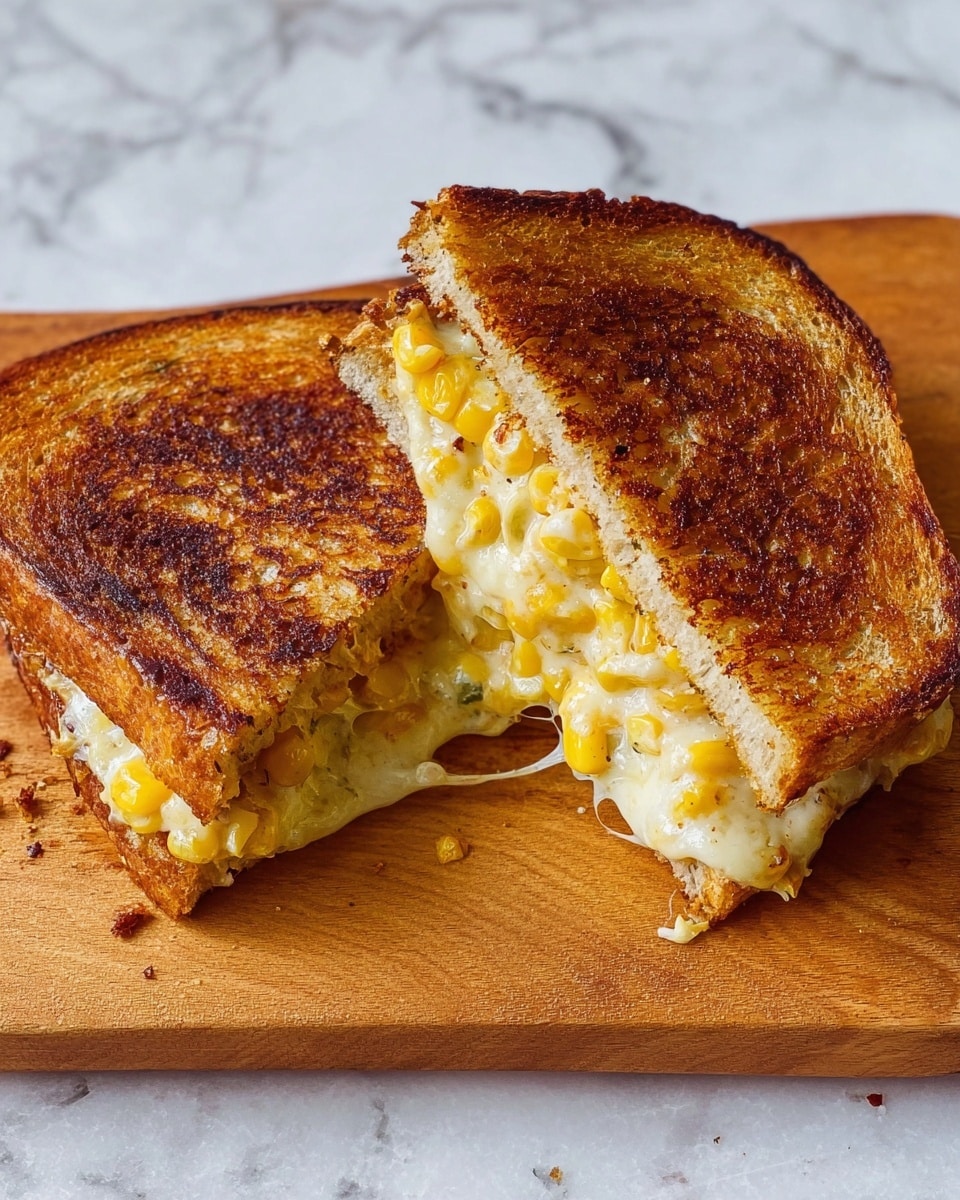 A grilled sandwich is shown on a wooden board with two halves slightly pulled apart, revealing melted cheese stretching between them. The sandwich has two layers of golden brown toasted bread with a crispy texture on the outside. Inside, there is a creamy yellow mixture with corn kernels spread unevenly. The melted cheese looks soft and stringy, mixed with the corn filling. The background is a white marbled surface. photo taken with an iphone --ar 4:5 --v 7