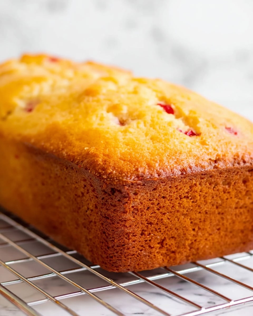 A close-up view of a golden brown loaf cake showing two main layers: the top layer is a light golden yellow with a soft, slightly uneven texture dotted with a few small red spots from mixed-in fruit, and the bottom layer is a darker brown crust with a firm, slightly rough surface. The loaf is resting on a silver cooling rack with thin metal bars, placed on a white marbled texture surface. The background is softly blurred white. Photo taken with an iphone --ar 4:5 --v 7