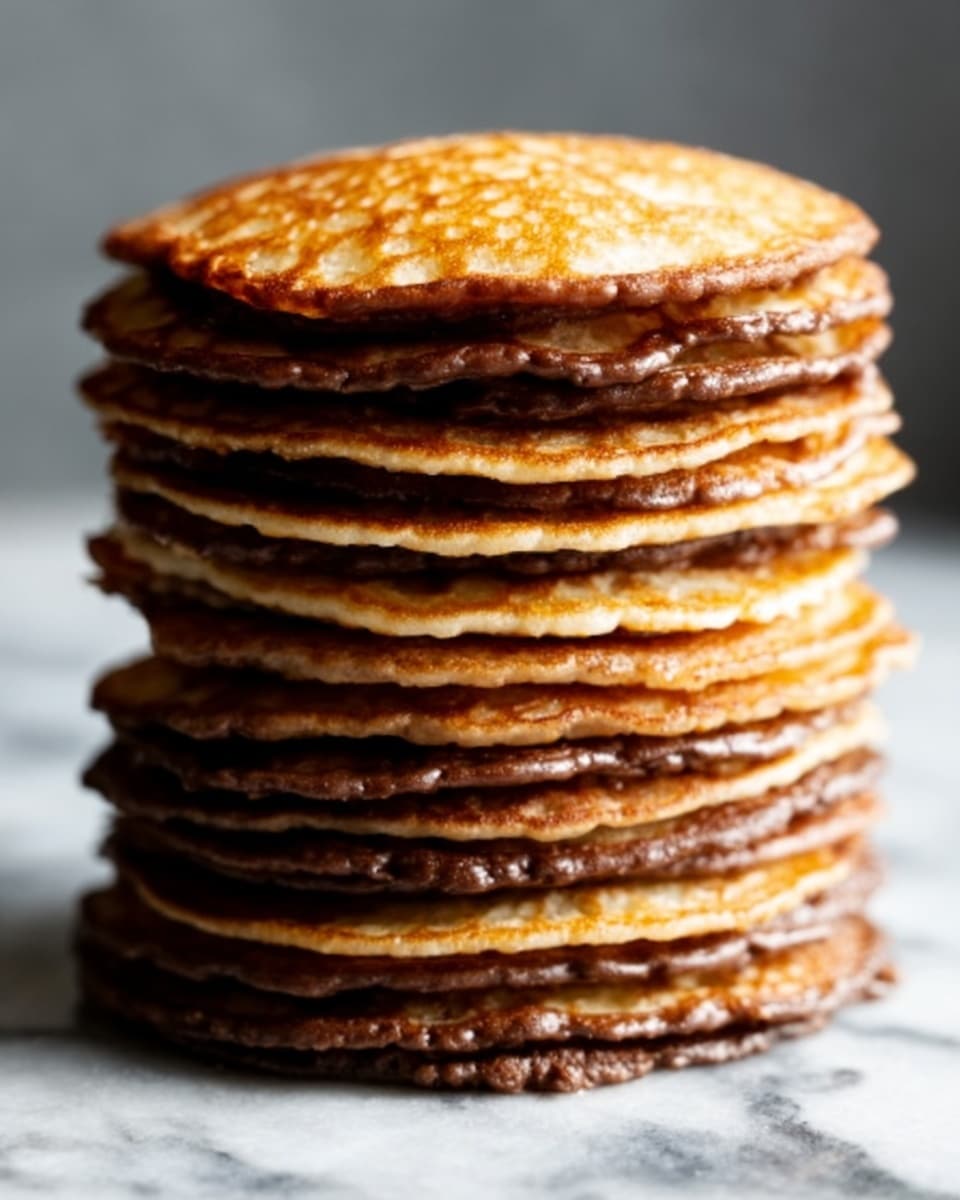 A tall stack of 12 thin, round pancakes with a golden brown color and slightly crispy edges sits on a white marbled surface. The pancakes have a smooth, even texture, and the top pancake shows a few bubbles and light spots from cooking. Soft, warm light from the side highlights the stack’s layers, making the edges look slightly darker and the centers lighter. The background is blurred in grey tones, putting full focus on the stack. photo taken with an iphone --ar 4:5 --v 7