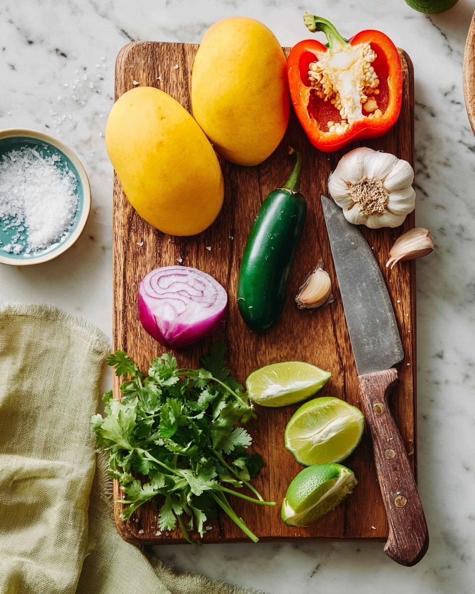 A wooden cutting board on a white marbled surface holds fresh vegetables and a knife. On the board, there are two yellow mangoes and a red bell pepper cut in half showing its seeds and white flesh inside. Above the mangoes is a green jalapeño pepper sliced in half with seeds visible. To the right, there is a whole garlic bulb and a loose garlic clove next to a knife with a wooden handle. Below the mangoes is a half purple onion with the inner layers showing next to fresh green cilantro sprigs. At the bottom right, two limes are positioned, one whole and one sliced in half. A small bowl of coarse white salt is placed near the top left corner of the board. A greenish-yellow cloth is partially visible at the bottom left corner. Photo taken with an iphone --ar 4:5 --v 7