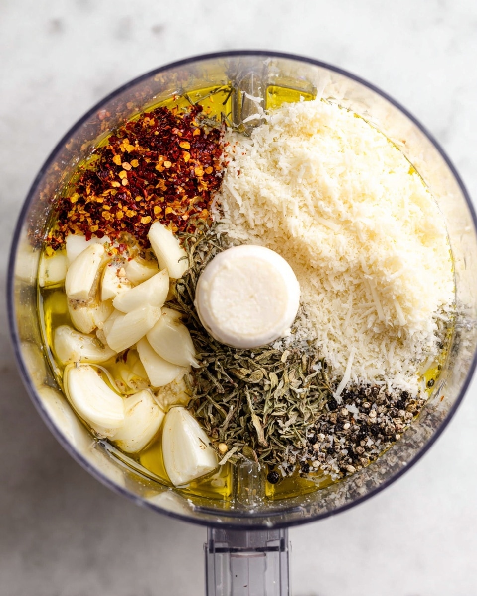 A transparent food processor bowl is filled with layers of ingredients starting with a base of light yellow olive oil covering the bottom. On the left are small chunks of peeled garlic in off-white color. The right side has a large pile of fine white grated cheese with a fluffy texture. At the top right is a mix of dried greenish herbs with some small leaves and stems visible. At the top left, there are red pepper flakes with some yellow seeds, and next to them is a section of coarse black pepper and salt crystals. The image is set on a white marbled surface photo taken with an iphone --ar 4:5 --v 7
