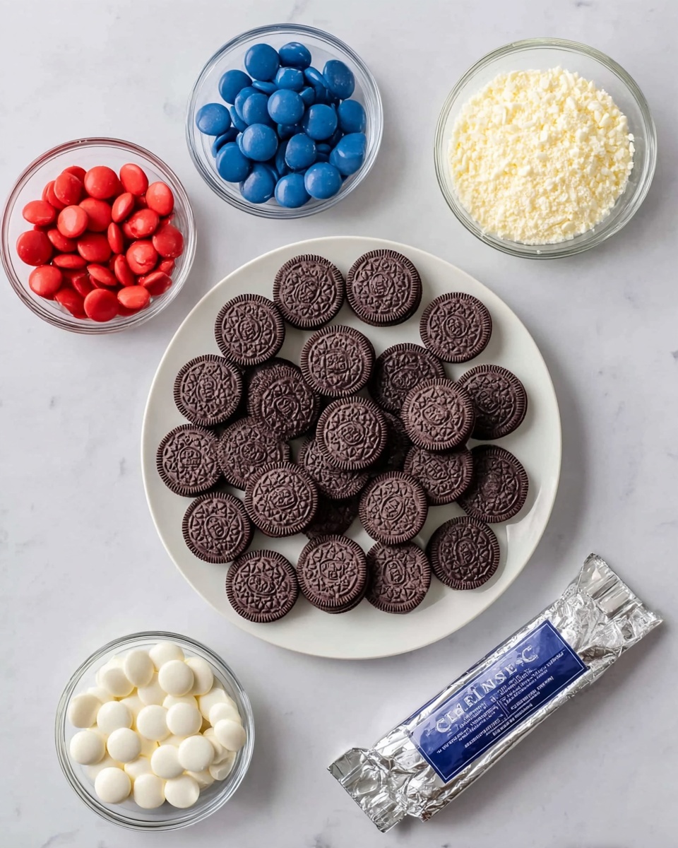 A white plate filled with two layers of Oreo cookies, neatly arranged in a circular pattern, showing their dark chocolate tops and cream filling between the layers. Around the plate, there are four clear glass bowls each filled with different colored chocolate discs: red, white, and blue, with the blue being the largest bowl. To the top right of the image, there is a small clear bowl filled with finely crushed white crumbs. At the bottom right corner, there is an unopened package of cream cheese wrapped in silver foil with blue text. The setup is on a white marbled surface. Photo taken with an iphone --ar 4:5 --v 7