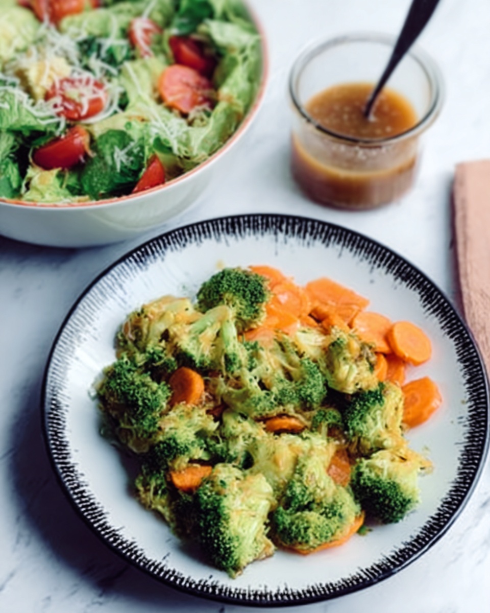 The image shows a white plate with a black rim filled with a colorful mix of cooked broccoli florets and carrot slices on a white marbled surface. The broccoli is green and has a slightly rough texture, while the carrots are orange and smooth, placed evenly on the plate. Behind the plate, there is a white bowl containing fresh salad made of green leafy vegetables, sliced tomatoes, and some grated cheese. Next to the salad bowl is a clear glass cup filled with a brown sauce or dressing and a spoon inside it. A woman's hand is reaching toward the bowl of salad. photo taken with an iphone --ar 4:5 --v 7